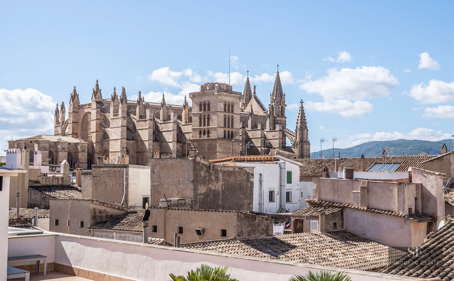 Une grande cathédrale gothique surplombe les toits en terre cuite d'une ville méditerranéenne sous un ciel bleu.