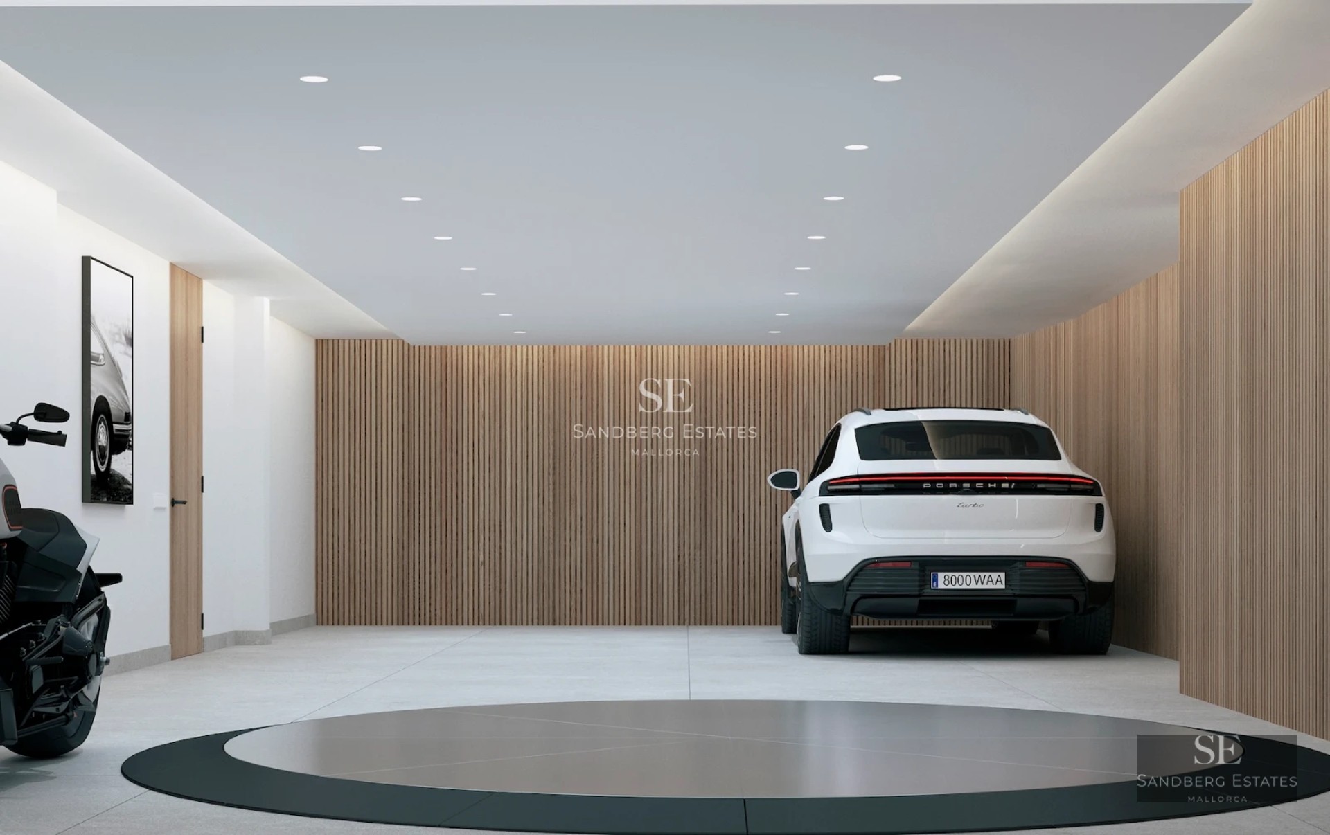 Exterior view of modern villa with infinity pool, lush garden, elegant design and spacious terraces. Warm ambient lighting.