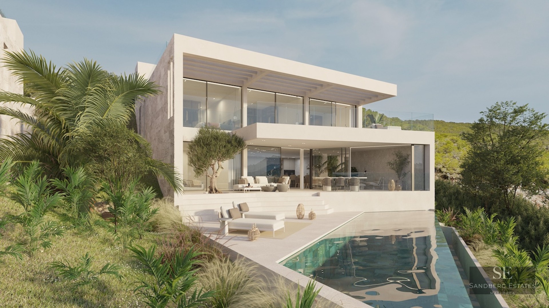 Modern two-story villa with white facade, floor-to-ceiling windows, infinity pool, and sun loungers.