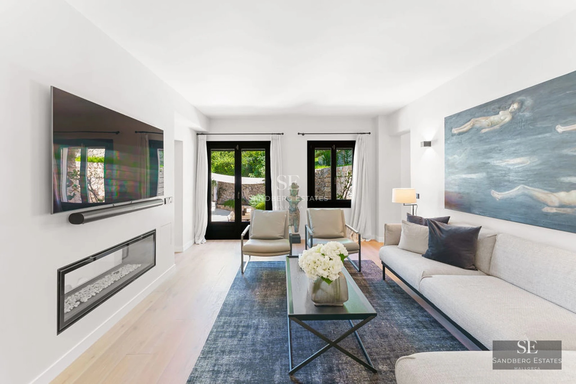 View of modern villa with pool, large windows, and garden. Minimalist architecture, elegant design, and high-quality finishes.