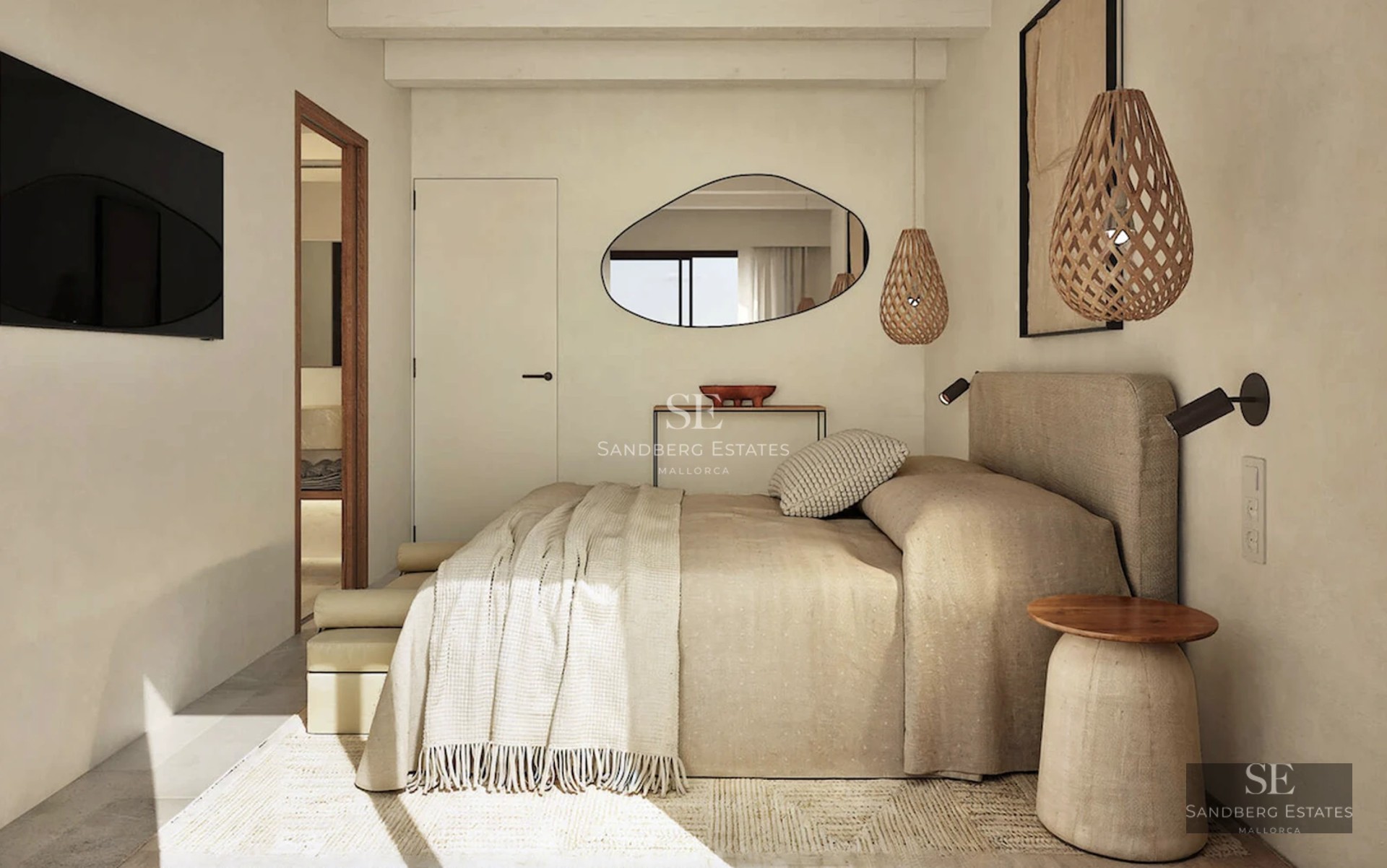 Pool view with lounge chairs and lush garden. Modern architecture with large windows and surrounding vegetation.