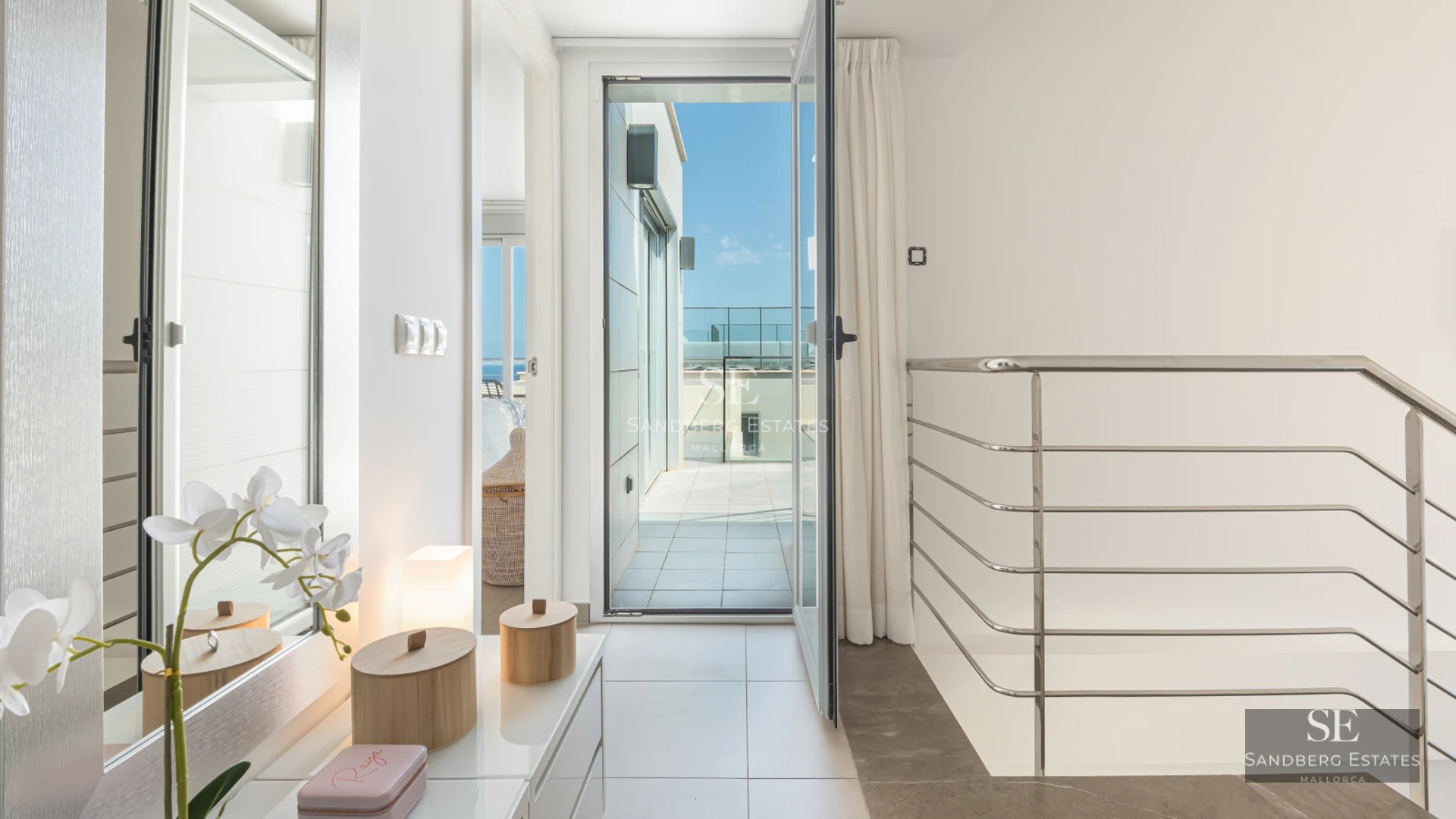 Exterior view of a modern villa with pool, garden, and minimalist architecture. Large windows and natural light.