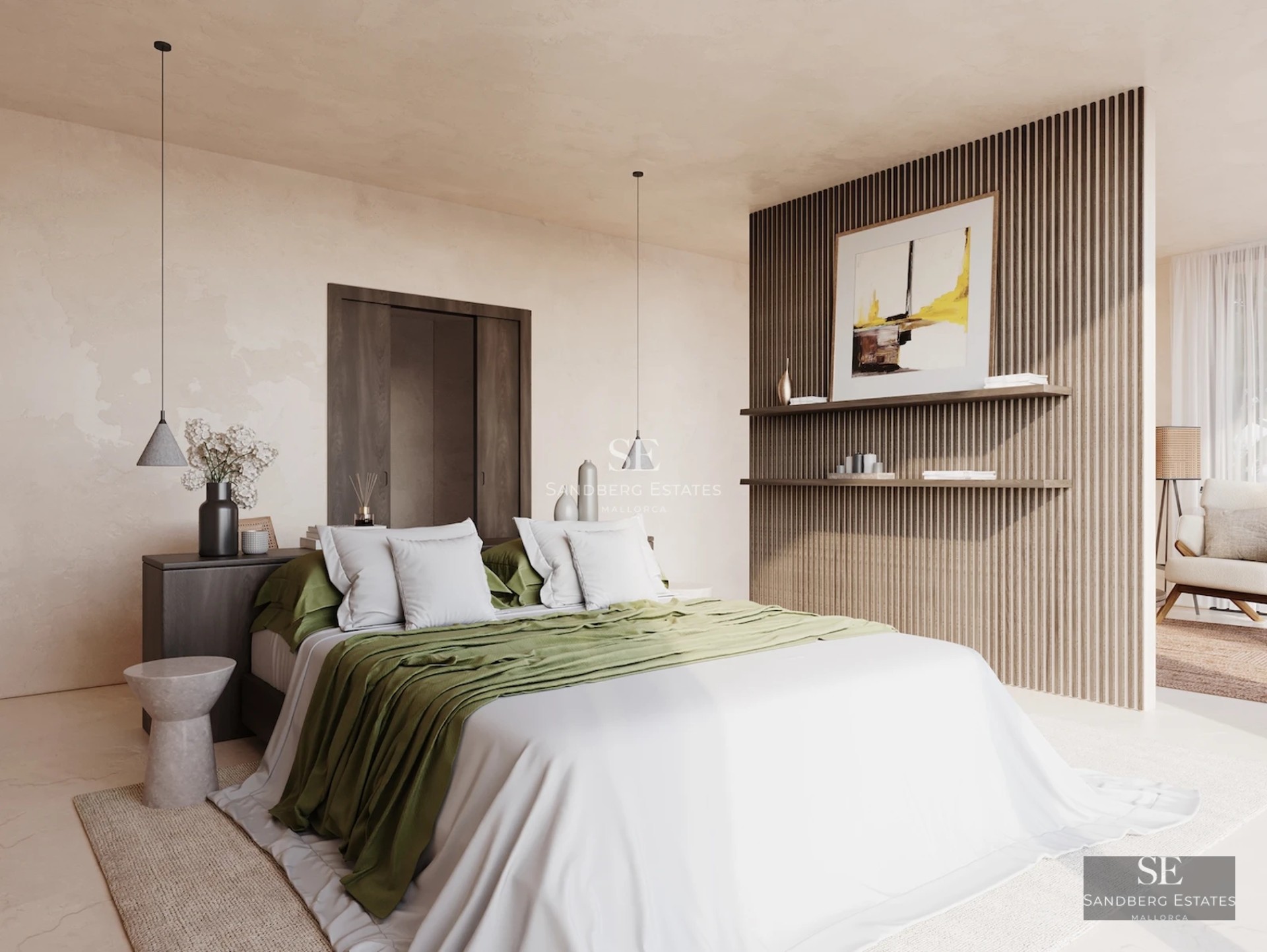 Exterior view of modern villa with reflective pool, large windows, and minimalist architecture. Lush landscaping surrounds property.