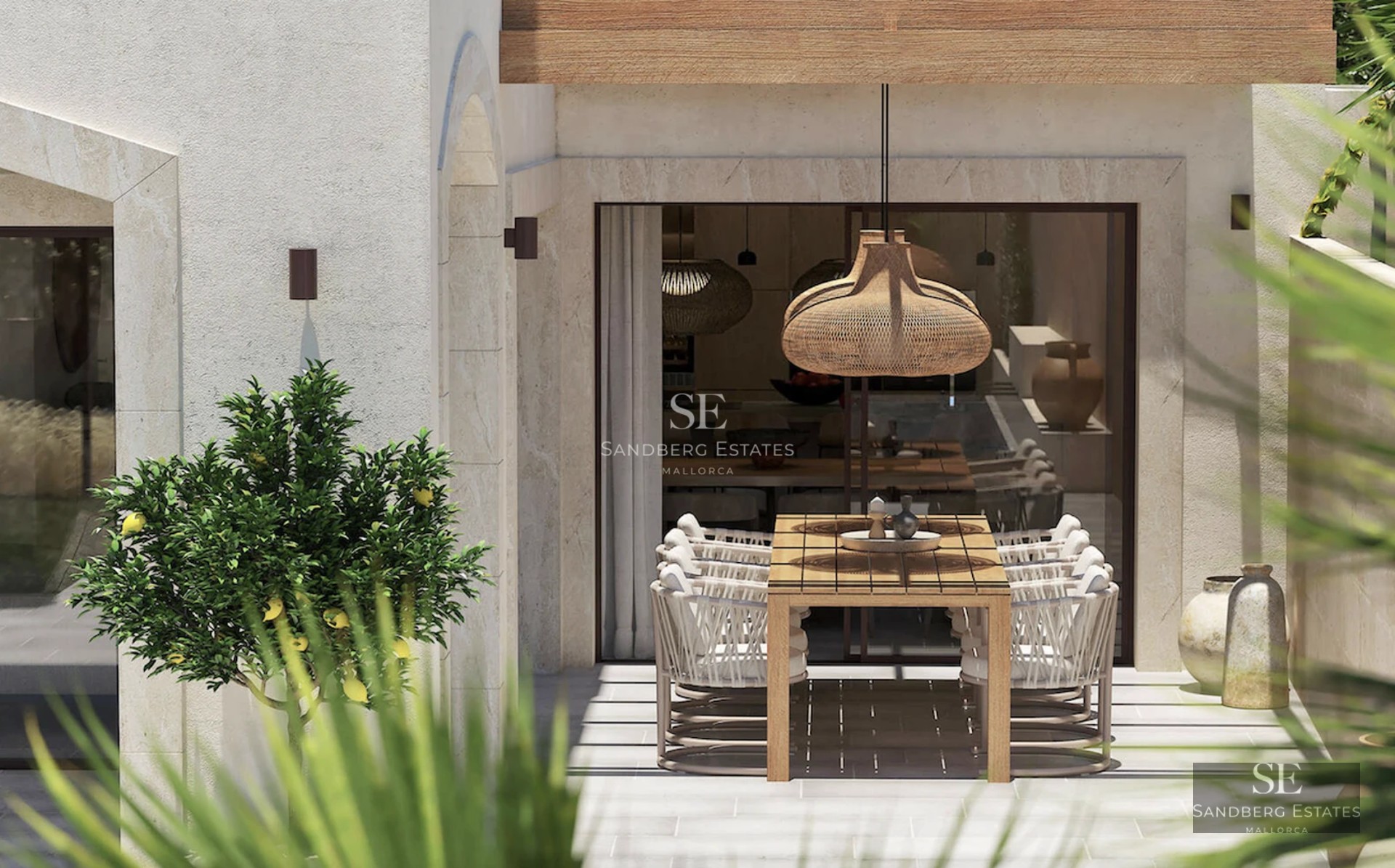 Exterior view of a modern villa with a pool, large windows, and lush garden. Clean and elegant architectural design.