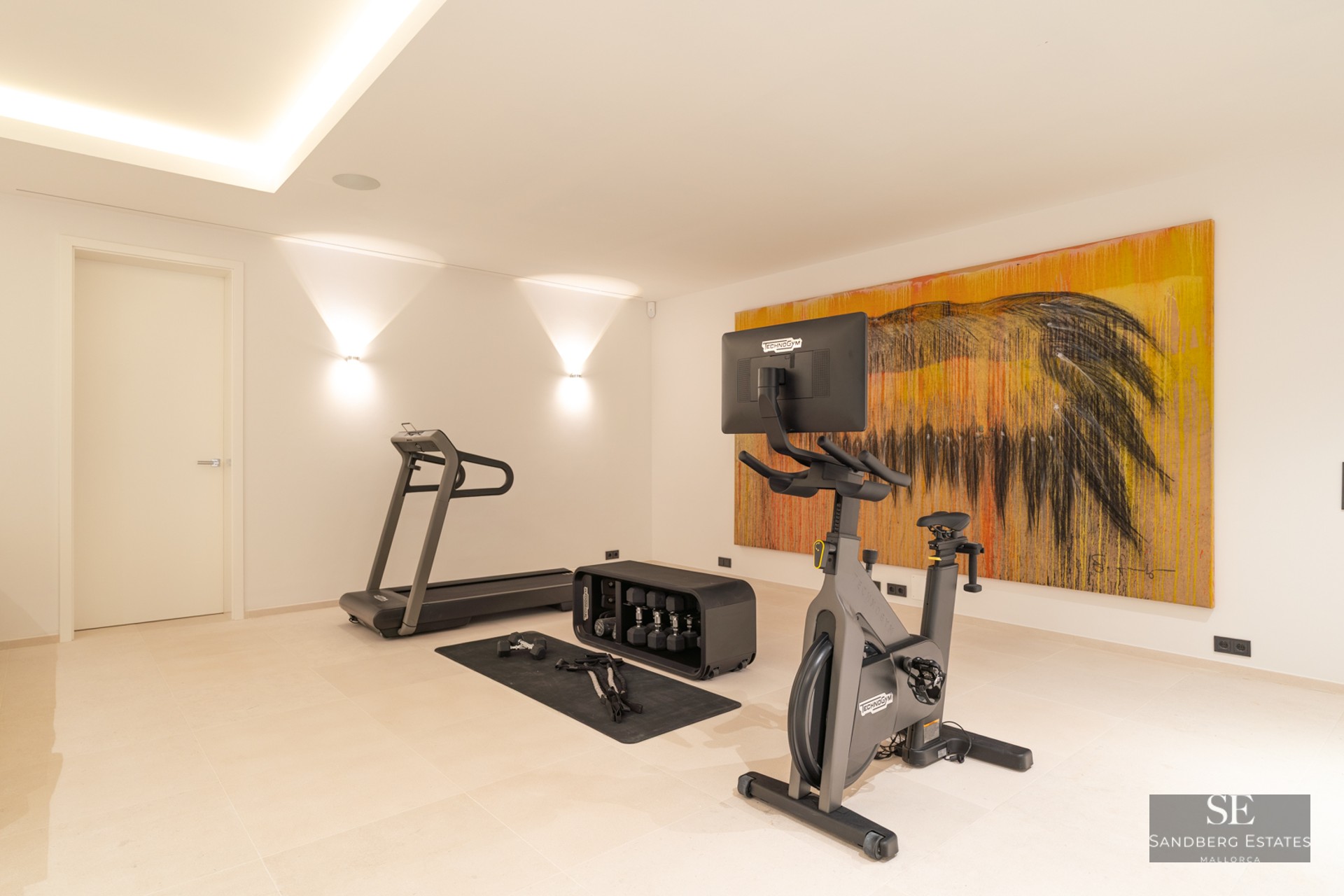 Minimalist home fitness room featuring a treadmill, stationary bike, weights, and a large abstract painting.