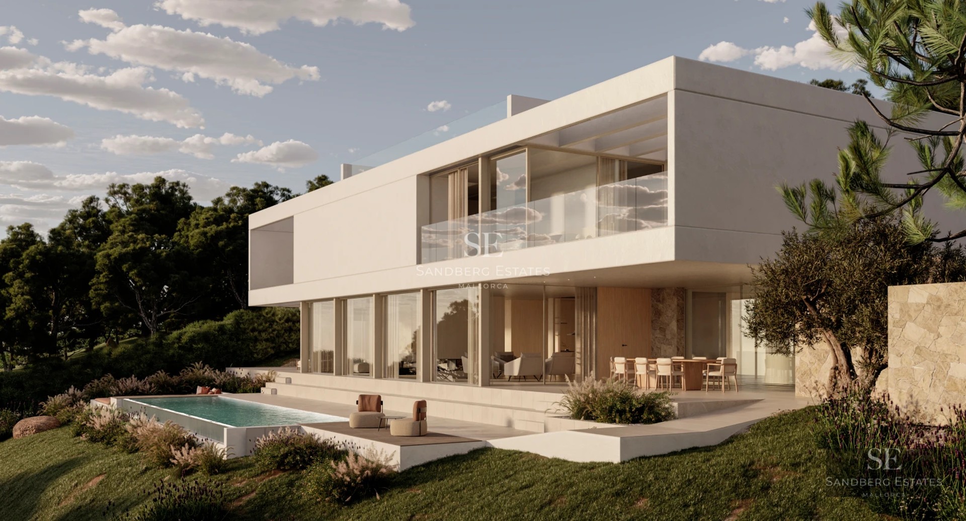 Exterior view of a modern villa with a pool, gardens and large windows. Minimalist and elegant design with lush vegetation.