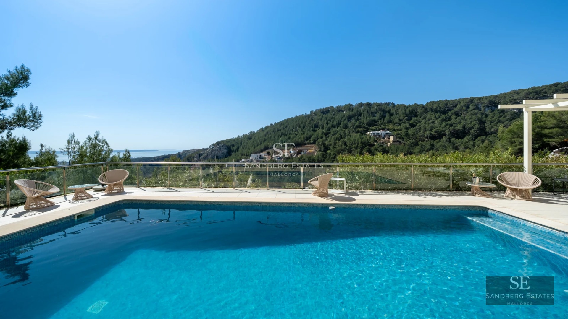 Exterior view of a luxurious property with a pool, garden, terrace, and modern design. Natural lighting and high-quality materials.