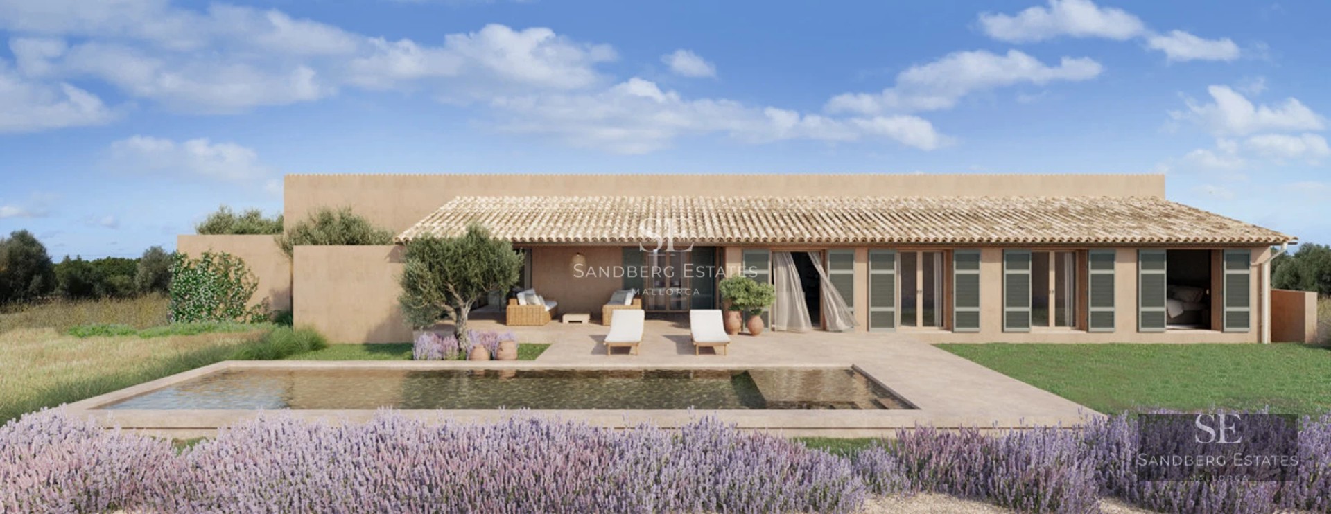 Expansive infinity pool bordered by lawn, and a modern villa with large windows. Warm ambient lighting and sleek architectural details.