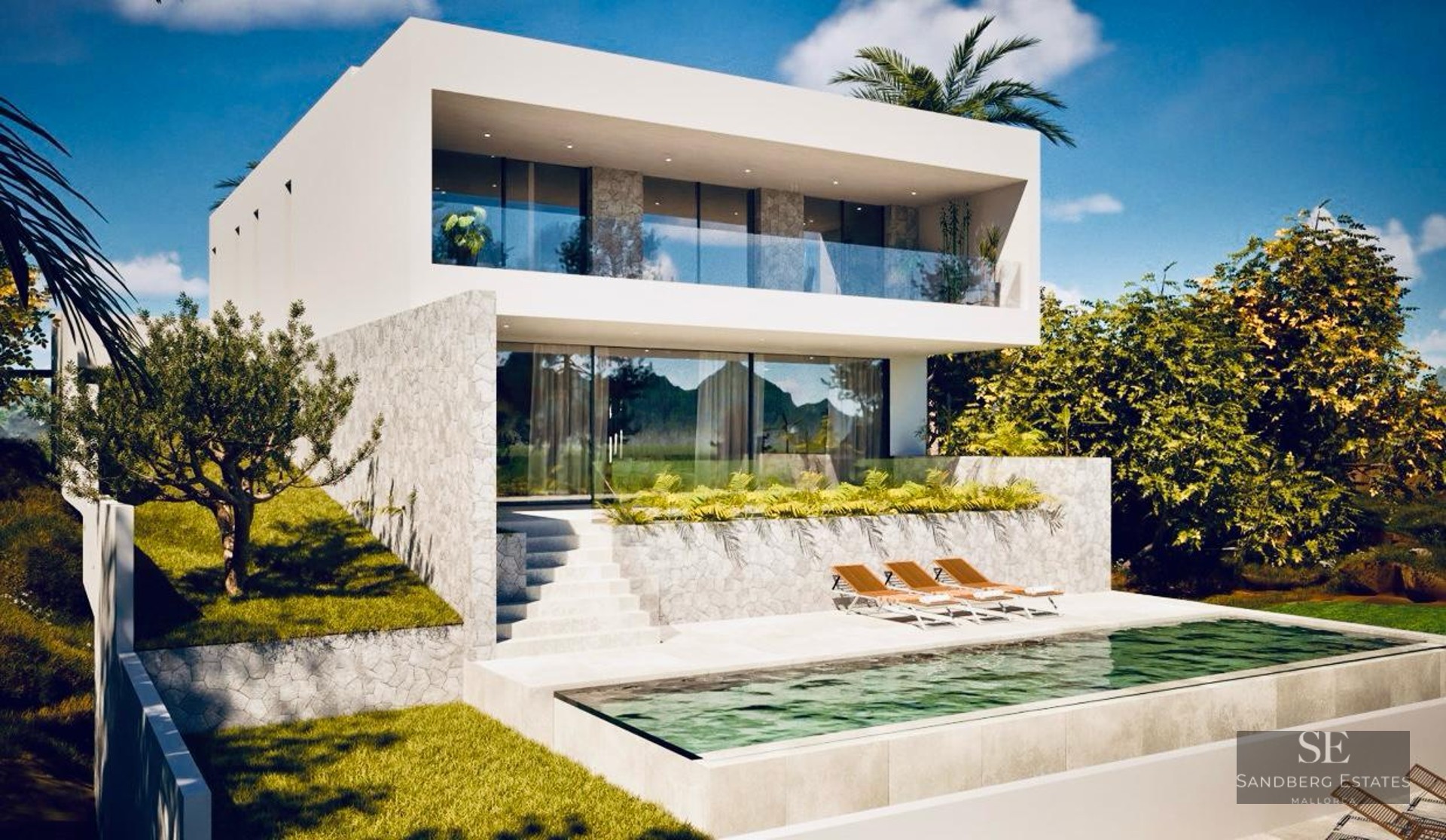 Modern white villa with an infinity pool, sun loungers, stone walls, and glass balconies under a blue sky.