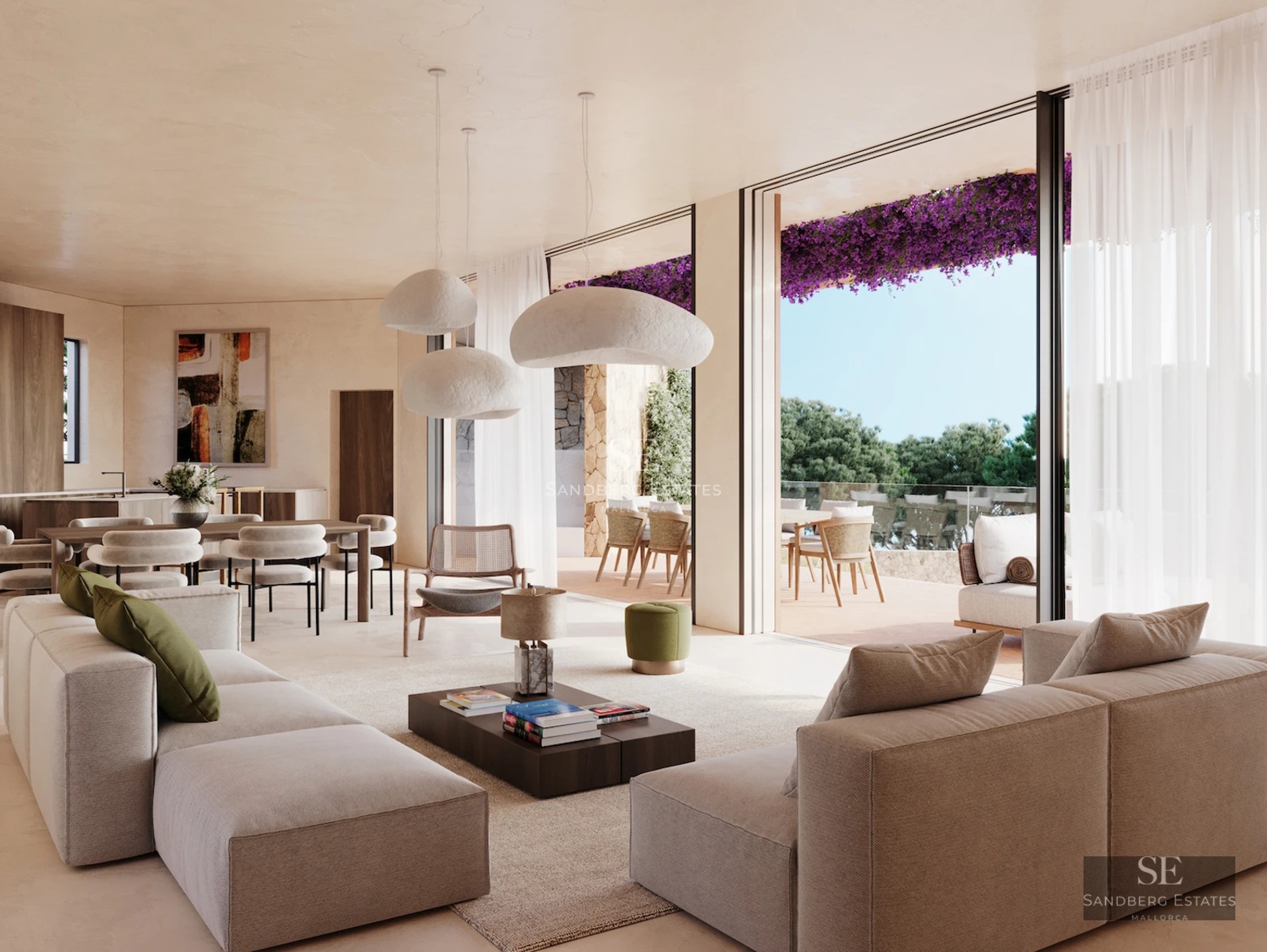 View of a modern villa with infinity pool. Minimalist architecture, large windows and terrace with sea view.