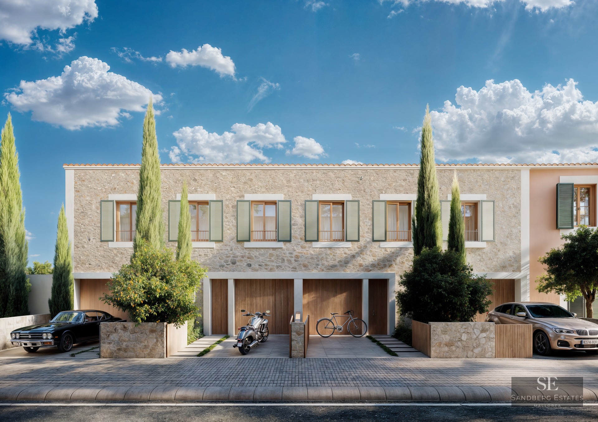 Elegant stone villa facade featuring wooden shutters, tall cypress trees, and luxury vehicles parked in front.