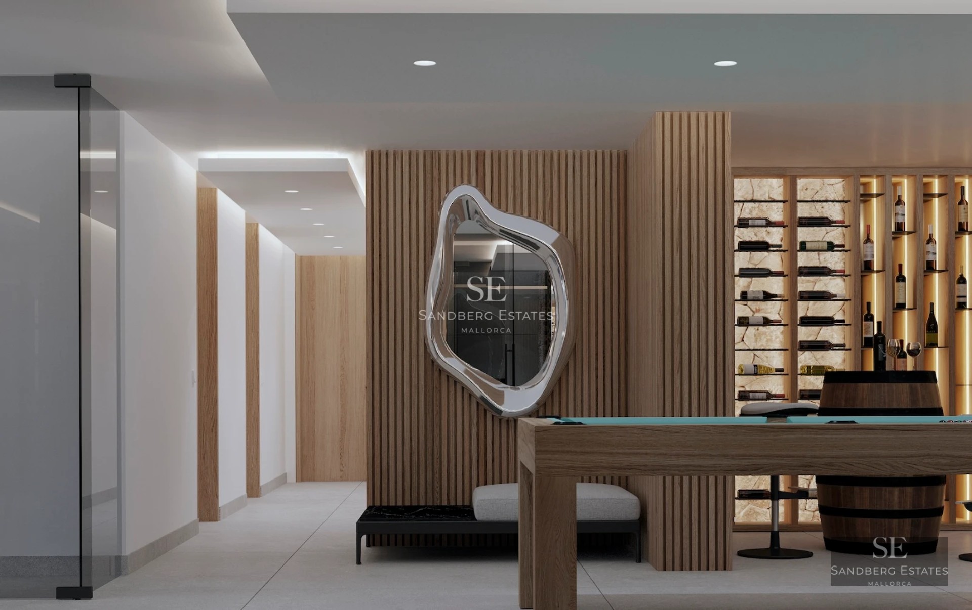 Exterior view of a modern villa with infinity pool, spacious terraces, and lush garden. Minimalist architecture and landscape design.