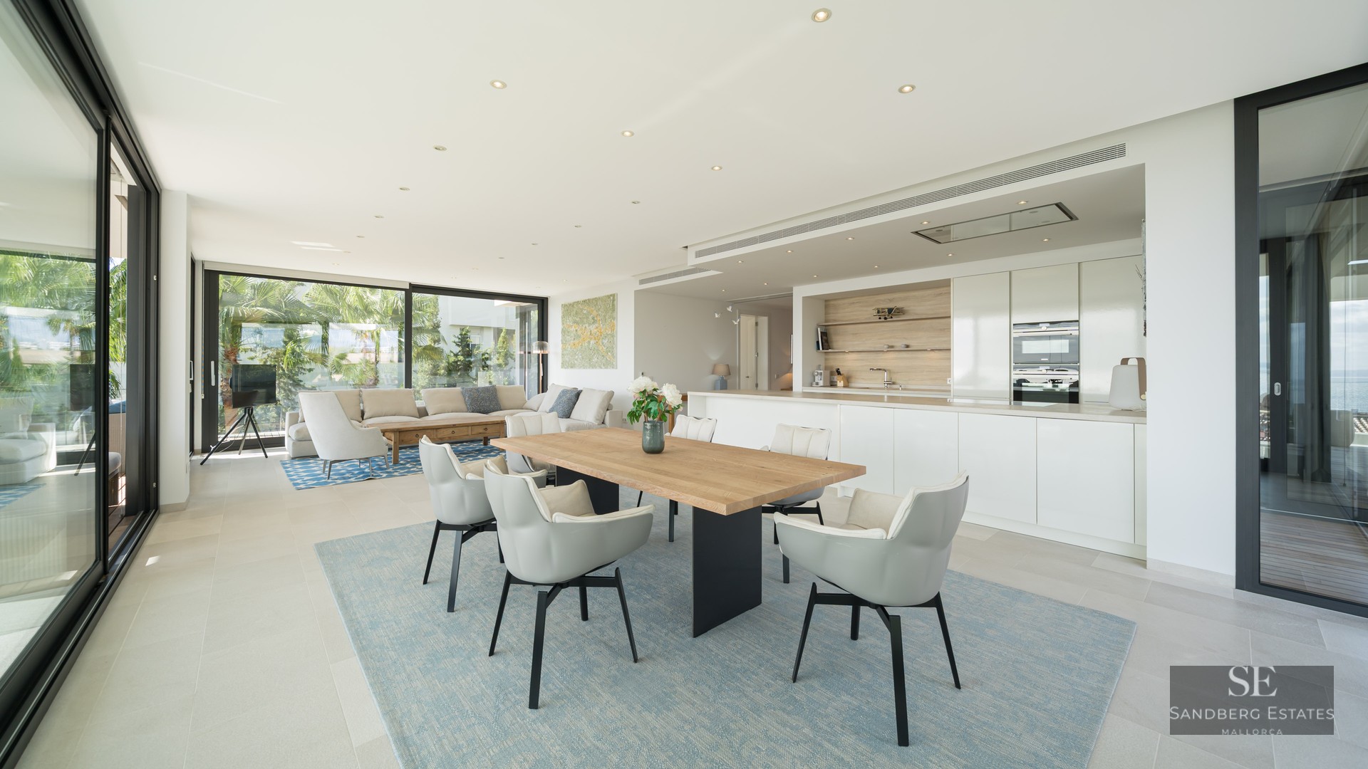 Bright open-plan room with a wooden dining table, white kitchen, and sofas next to large glass doors.