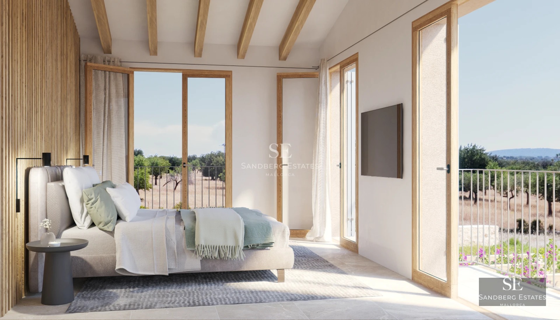 Modern exterior view with infinity pool, wooden deck, and large windows. Minimalist design and lush landscaping.