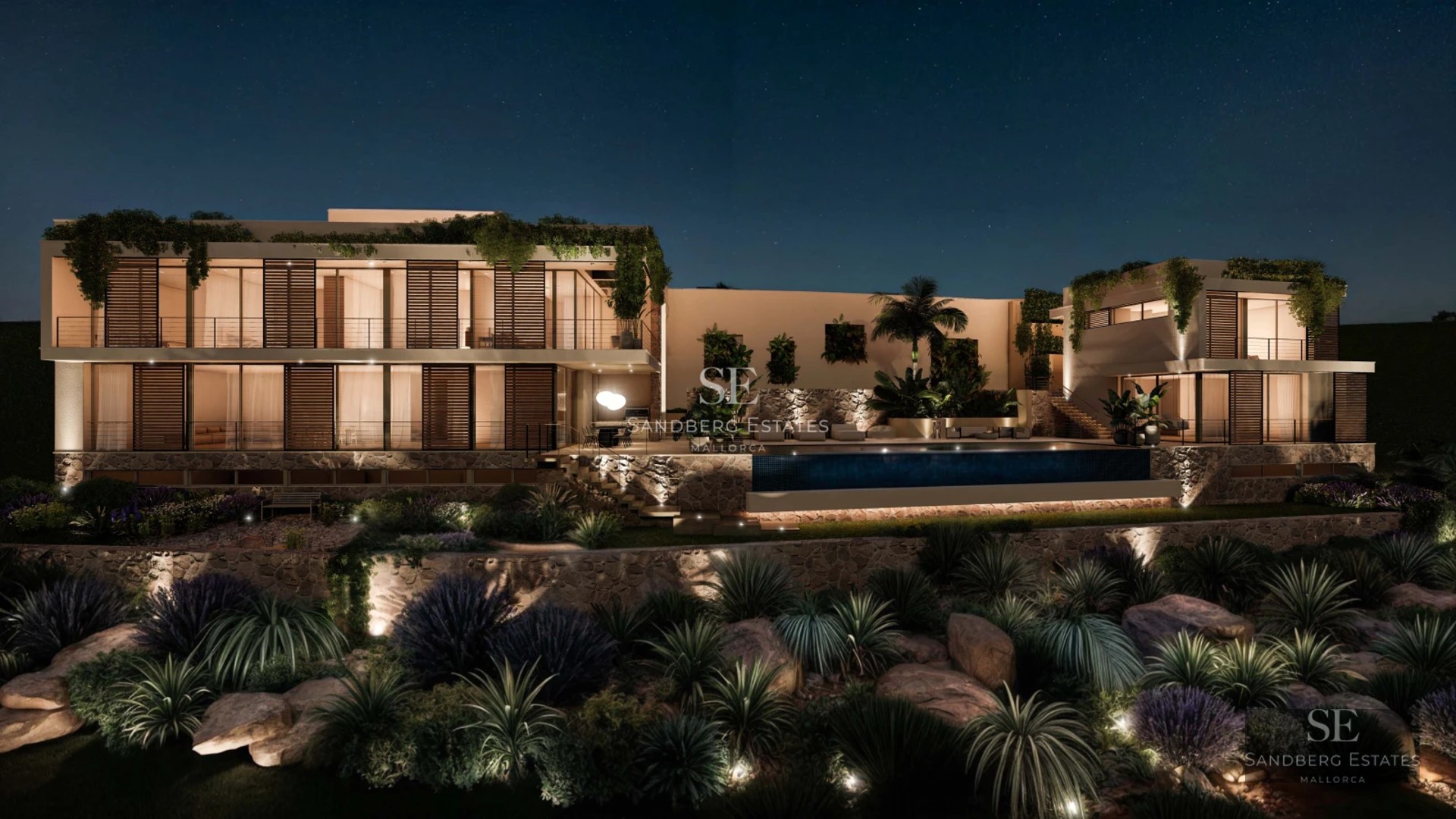 Wide view of a modern villa featuring an infinity pool and sea view. Minimalist design, large windows and sunny terrace.