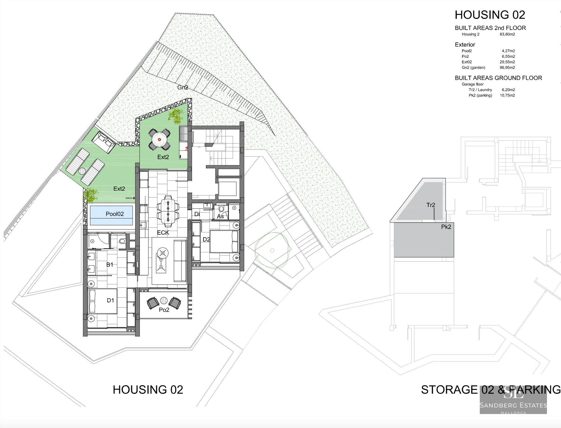 Detailed 2D floor plan showing the layout of a residence with a pool, terrace, and parking areas.