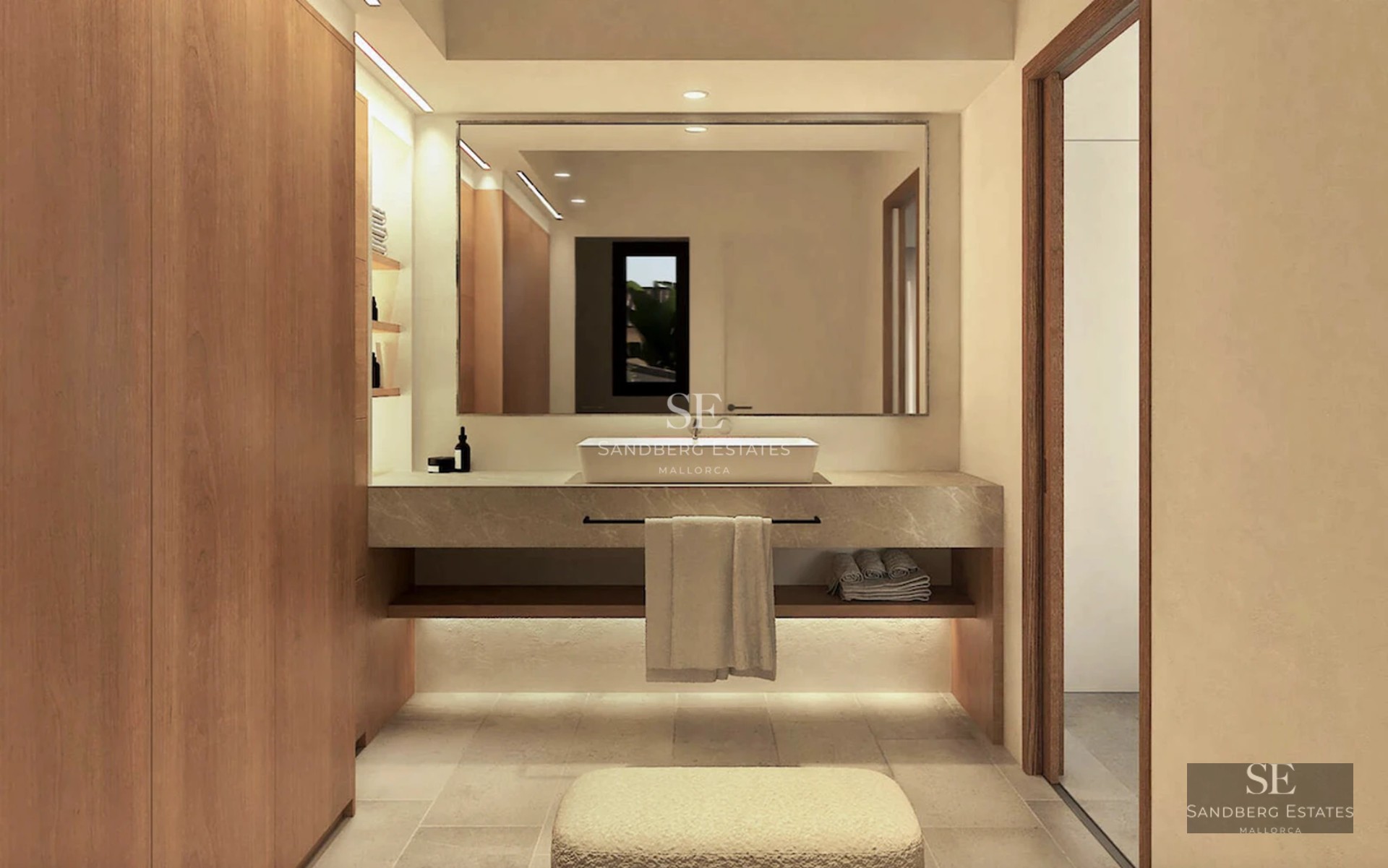 Spacious living room featuring large windows, reflective pool, and modern furniture. Wood details and abundant natural light.