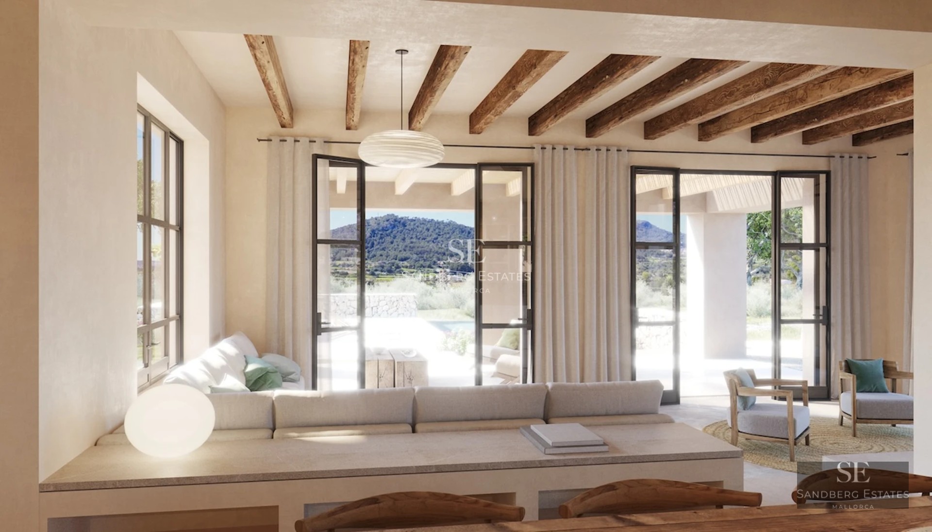 Exterior view of a modern villa featuring an infinity pool, spacious terrace, glass windows, and minimalist design. Lush vegetation.