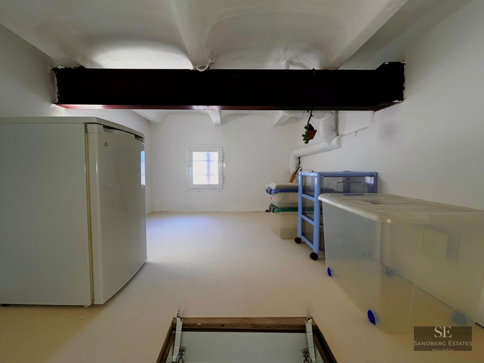 Small storage room with a vaulted ceiling, dark wood beam, a white freezer, and plastic storage bins.