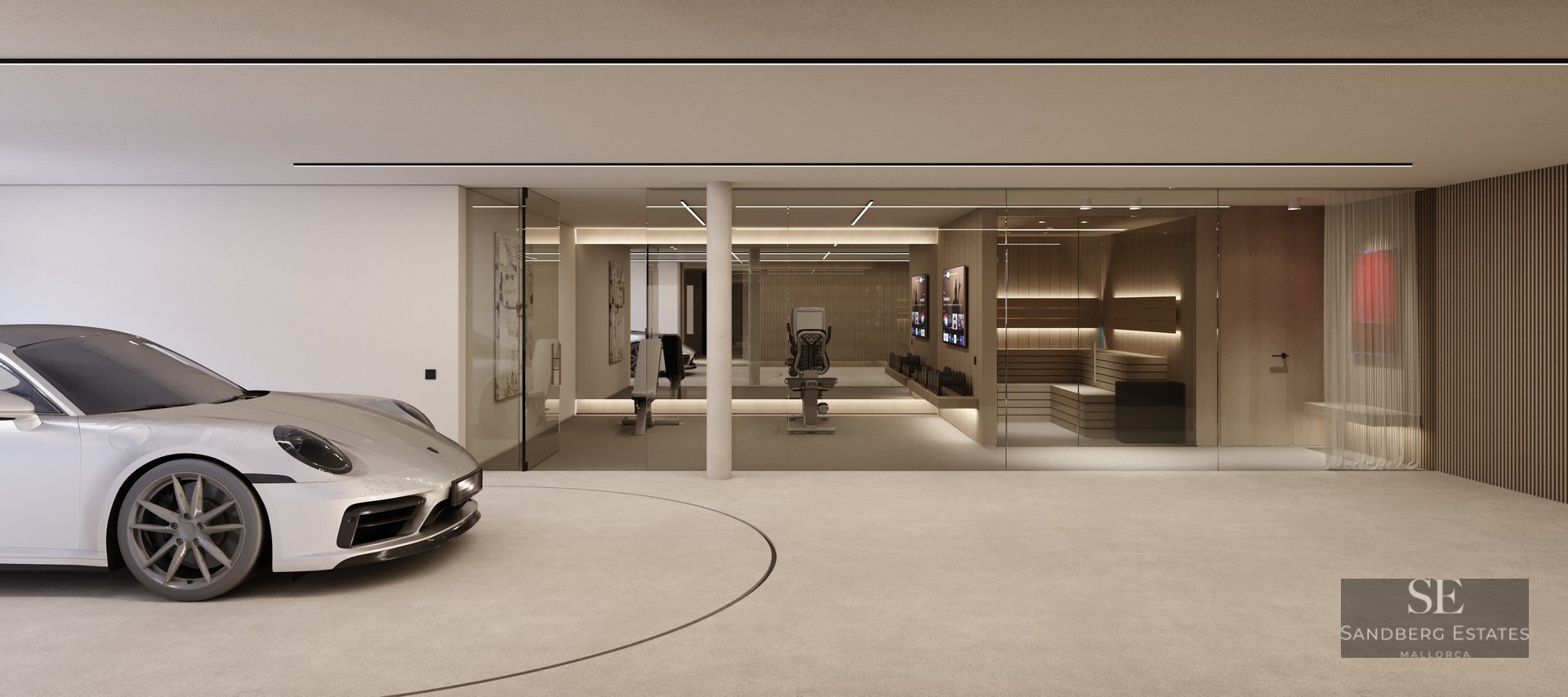 Silver sports car on a turntable in a minimalist garage with a glass-enclosed gym and wooden sauna.