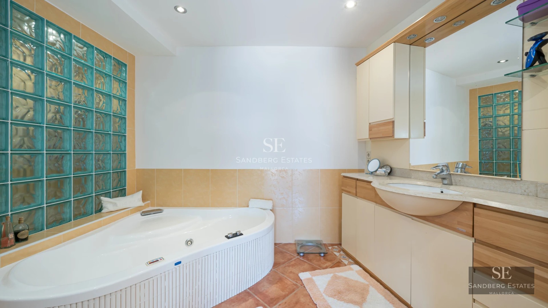 Exterior view of a modern villa with a pool, wooden deck, and large garden. Minimalist architecture with large windows.