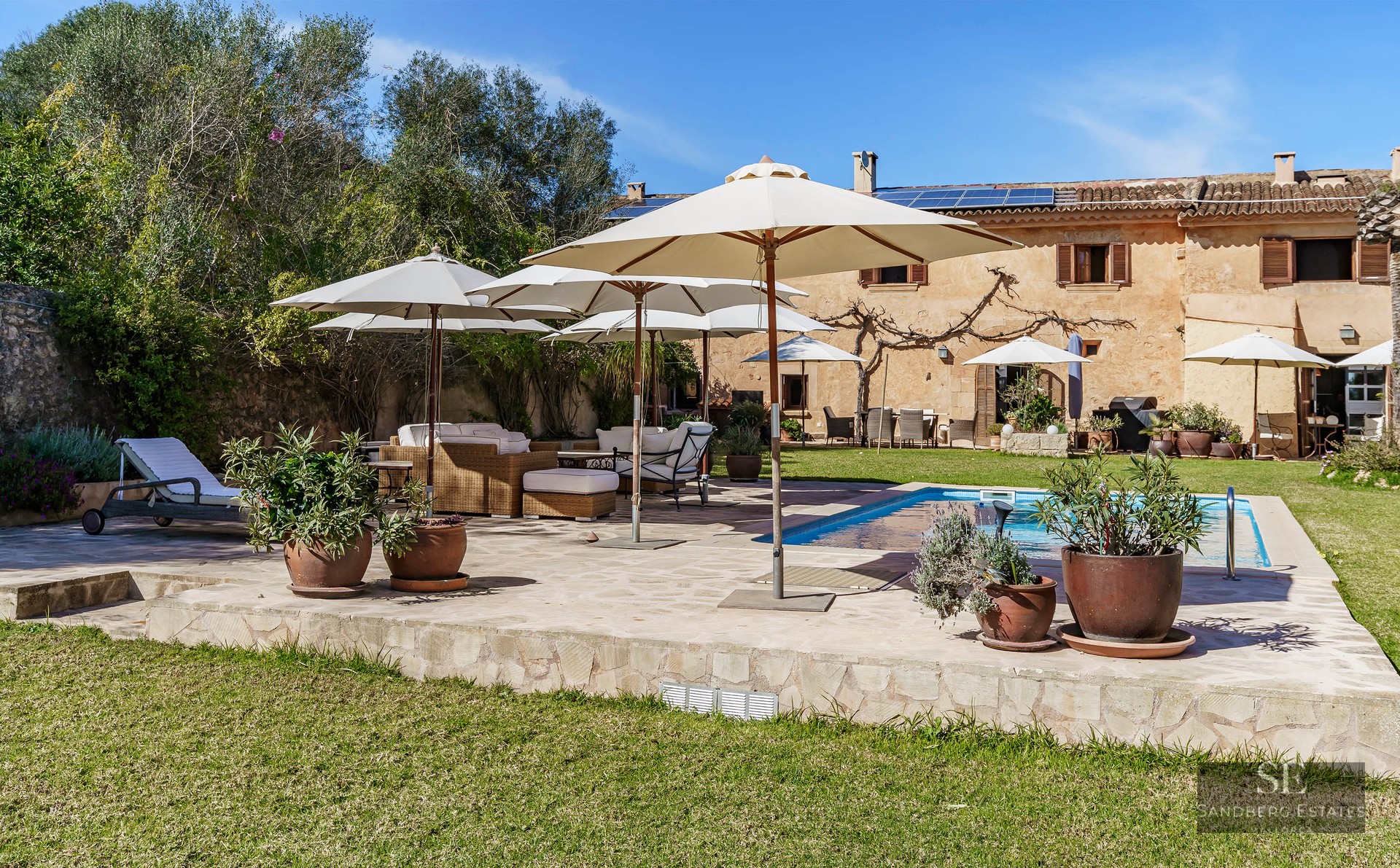 Large blue swimming pool surrounded by a stone deck with white umbrellas and wicker lounge furniture in a sunny garden.