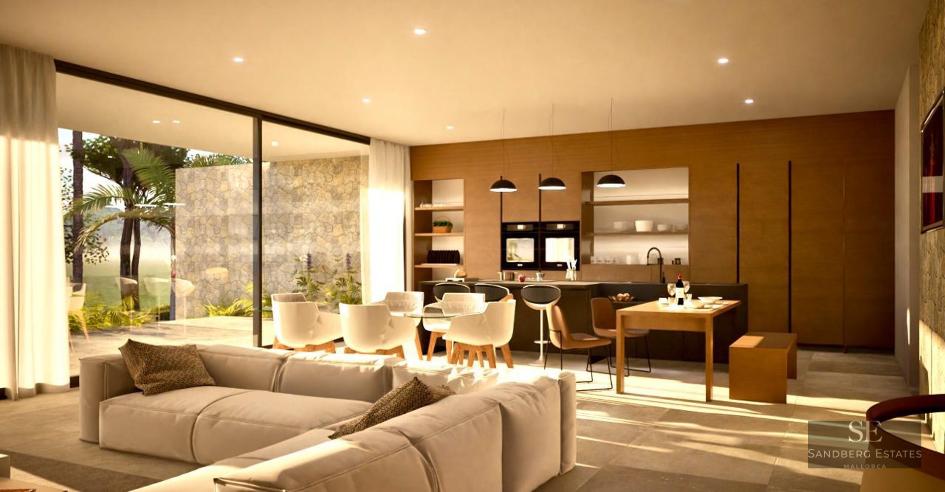 Spacious modern living room with a large white sectional sofa, dining area, and kitchen opening to a sunny terrace.