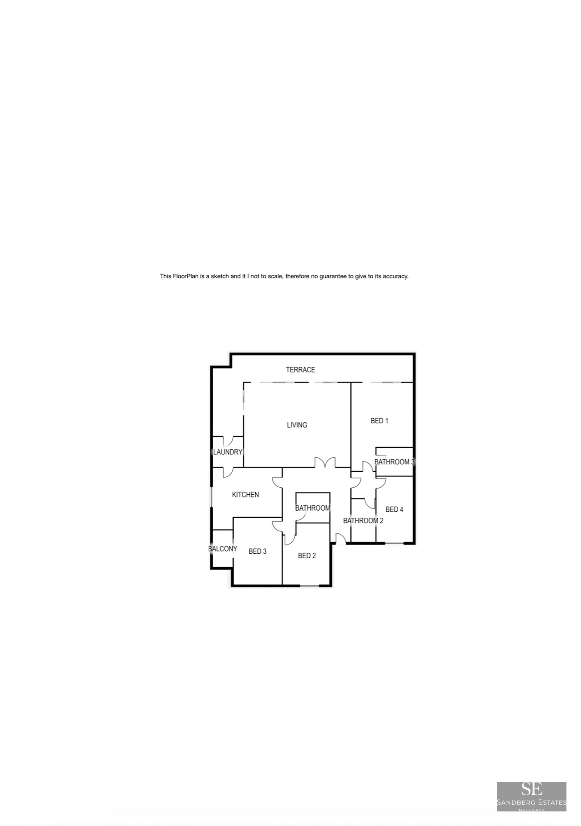 2D architectural floor plan showing the layout of a 4-bedroom apartment with terrace, balcony, and living areas.