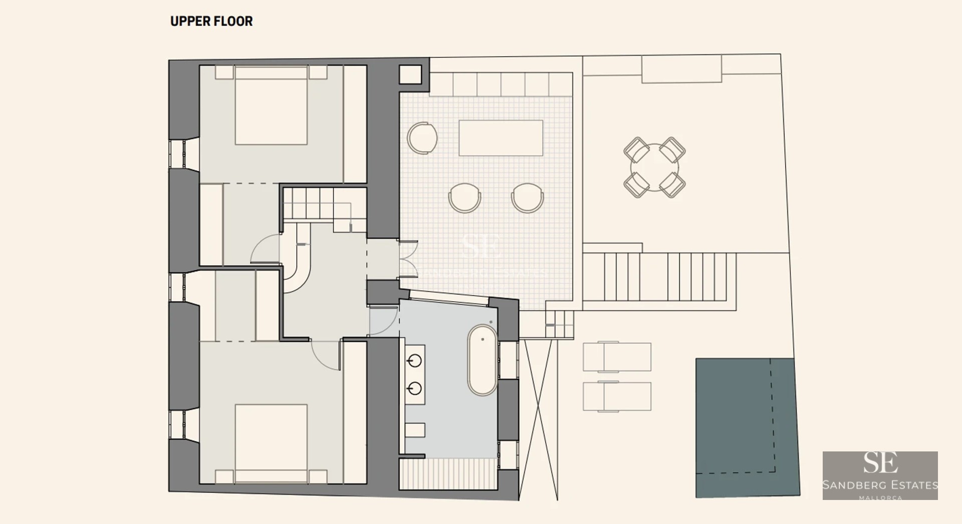 Exterior view of a modern villa with an infinity pool, lush garden, and minimalist architecture. Large windows and elegant design.