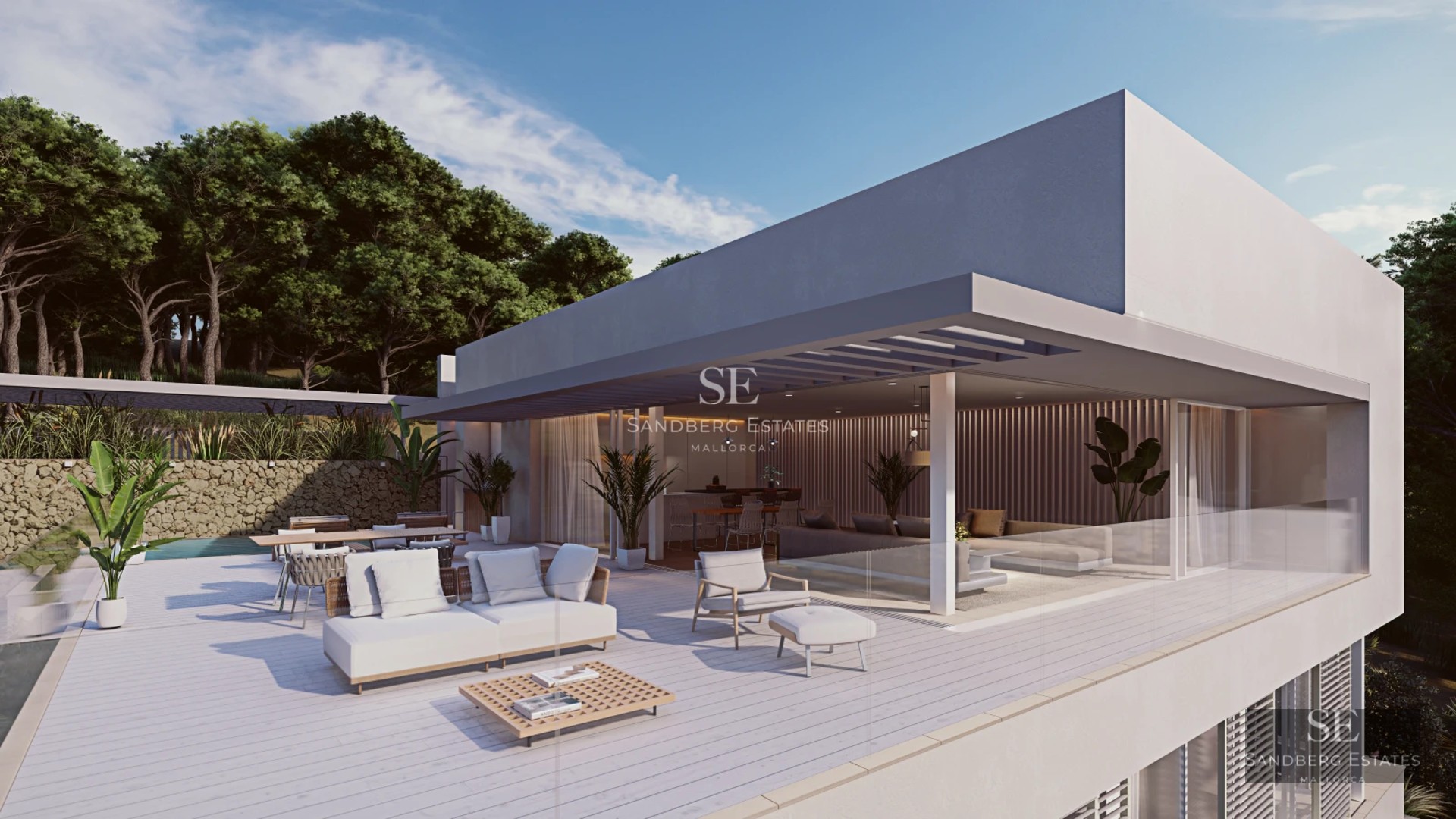 Exterior view of a modern villa featuring an infinity pool, minimalist design, lush garden, and large windows. Warm lighting.