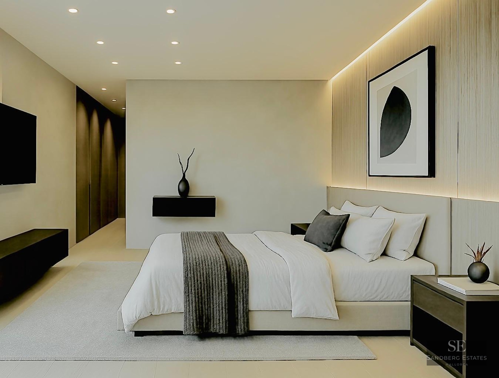 Modern master bedroom with neutral tones, textured wall panels, and abstract art on the wall.