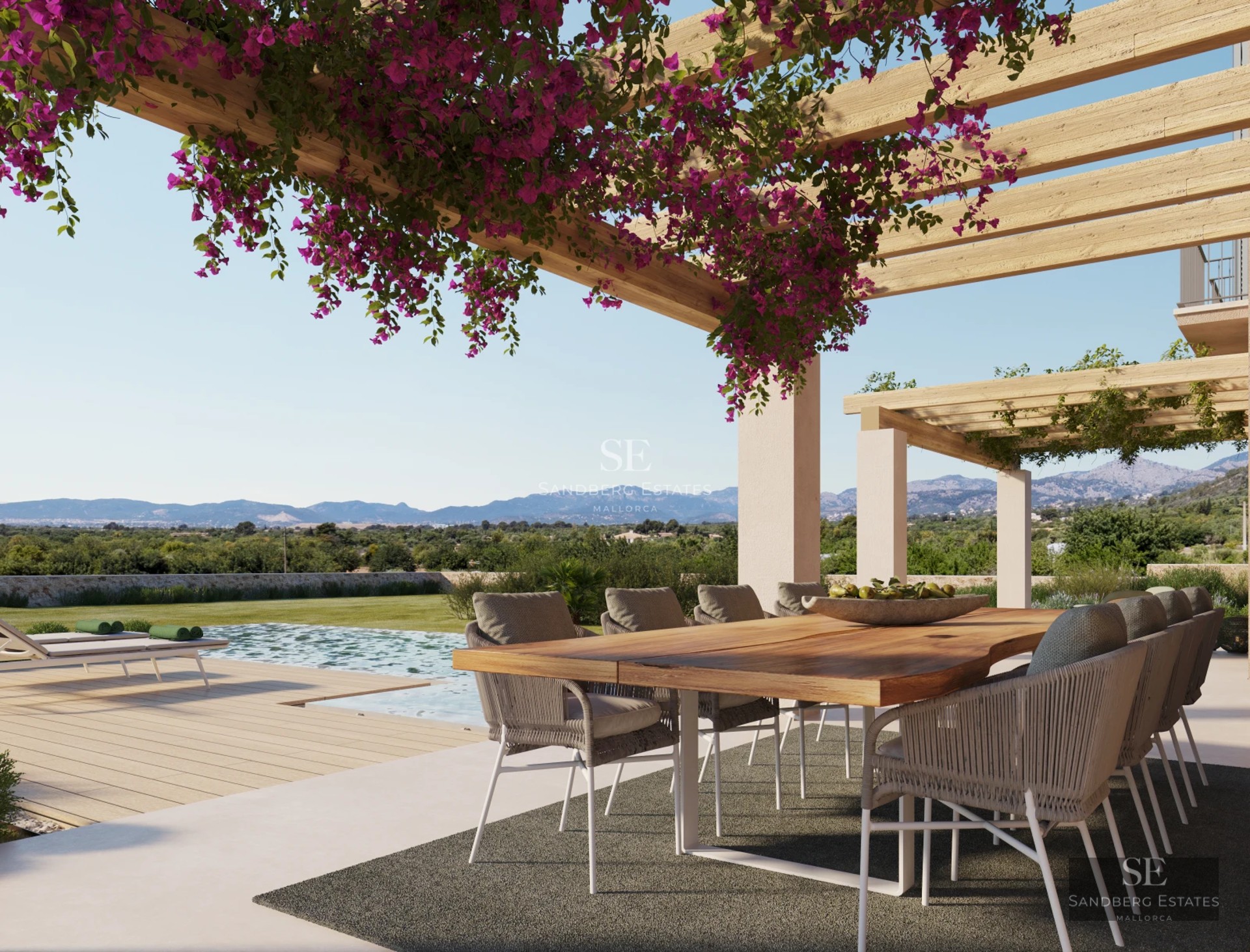 Exterior of a luxury home with a pool, manicured garden and modern architecture. Warm lighting and serene atmosphere.