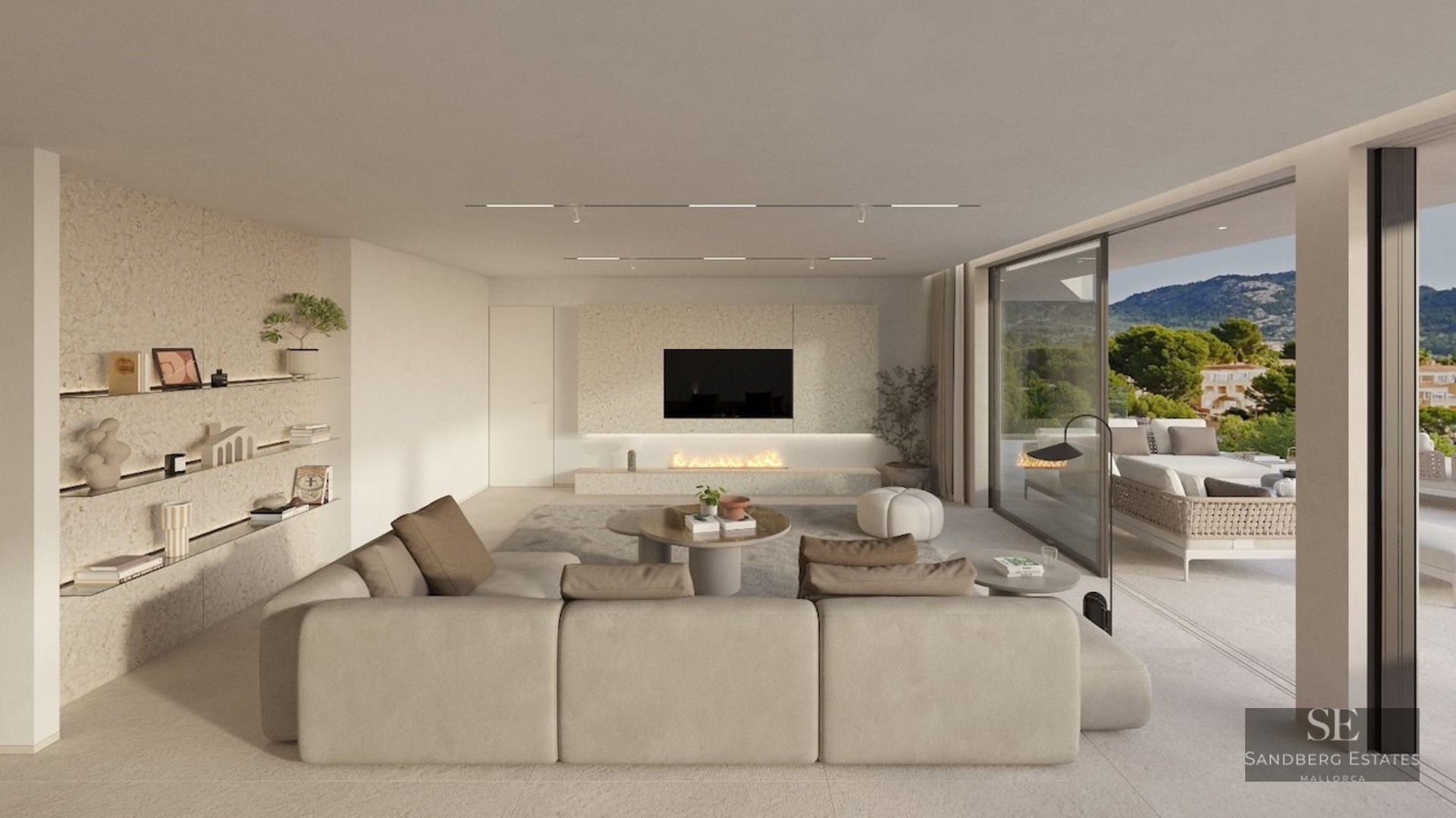 Spacious neutral-toned living room with large sectional sofa, built-in fireplace, and glass doors to terrace.