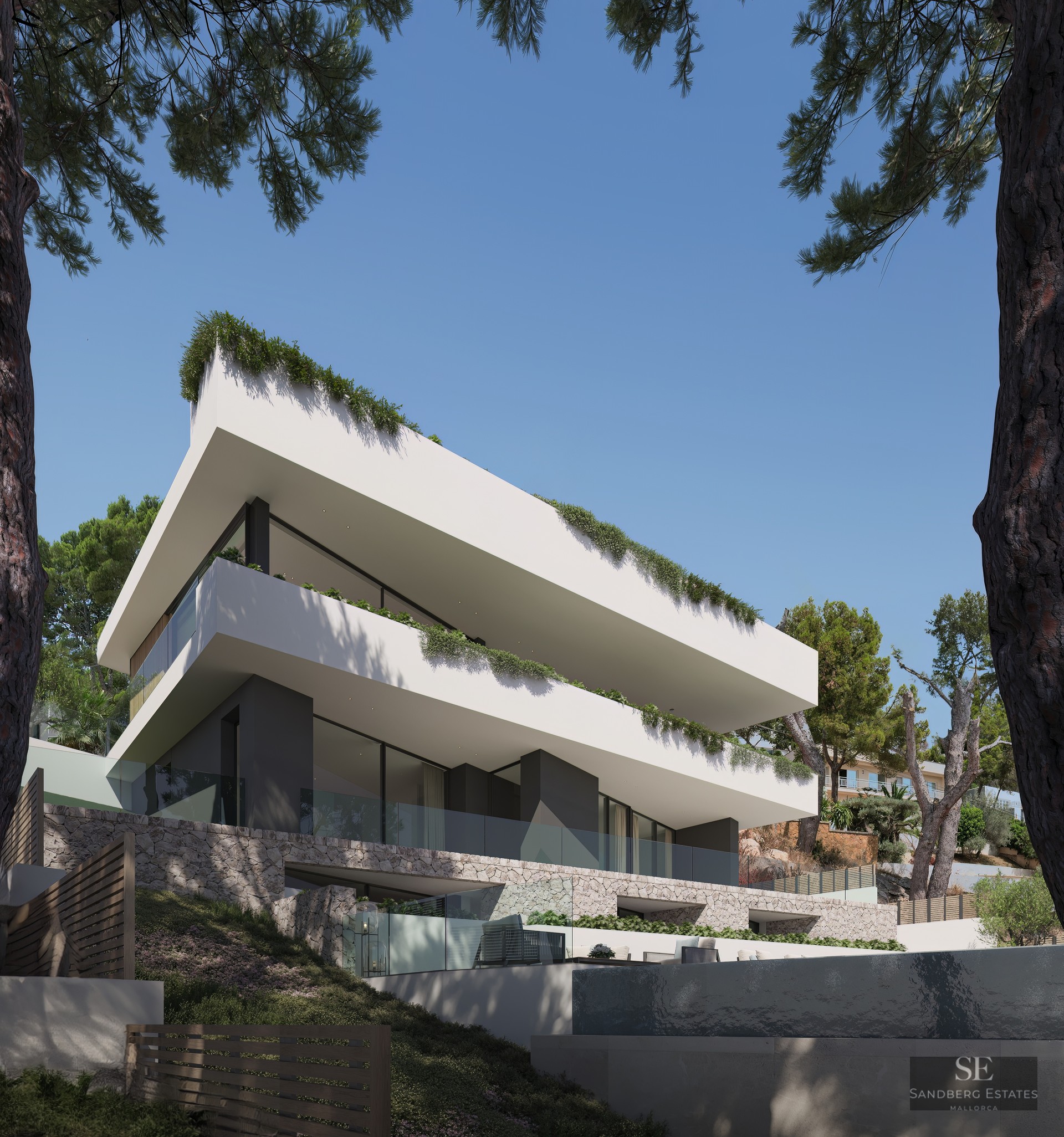 Ultra-modern multi-level white villa with glass balconies and an infinity pool, surrounded by pine trees.