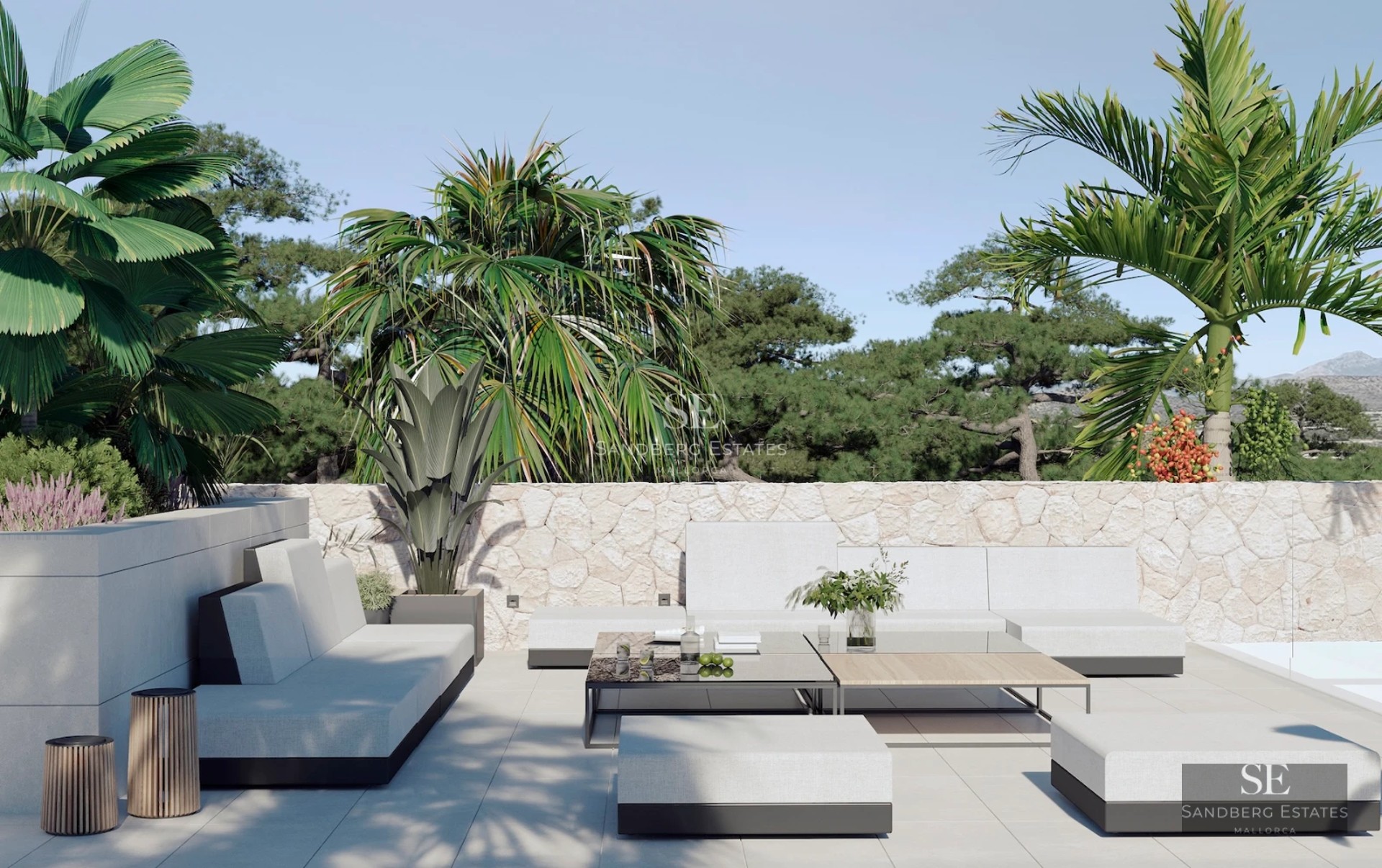 Spacious balcony with sea view. Glass railing, light tile flooring, and modern outdoor furniture. Bright and open space.