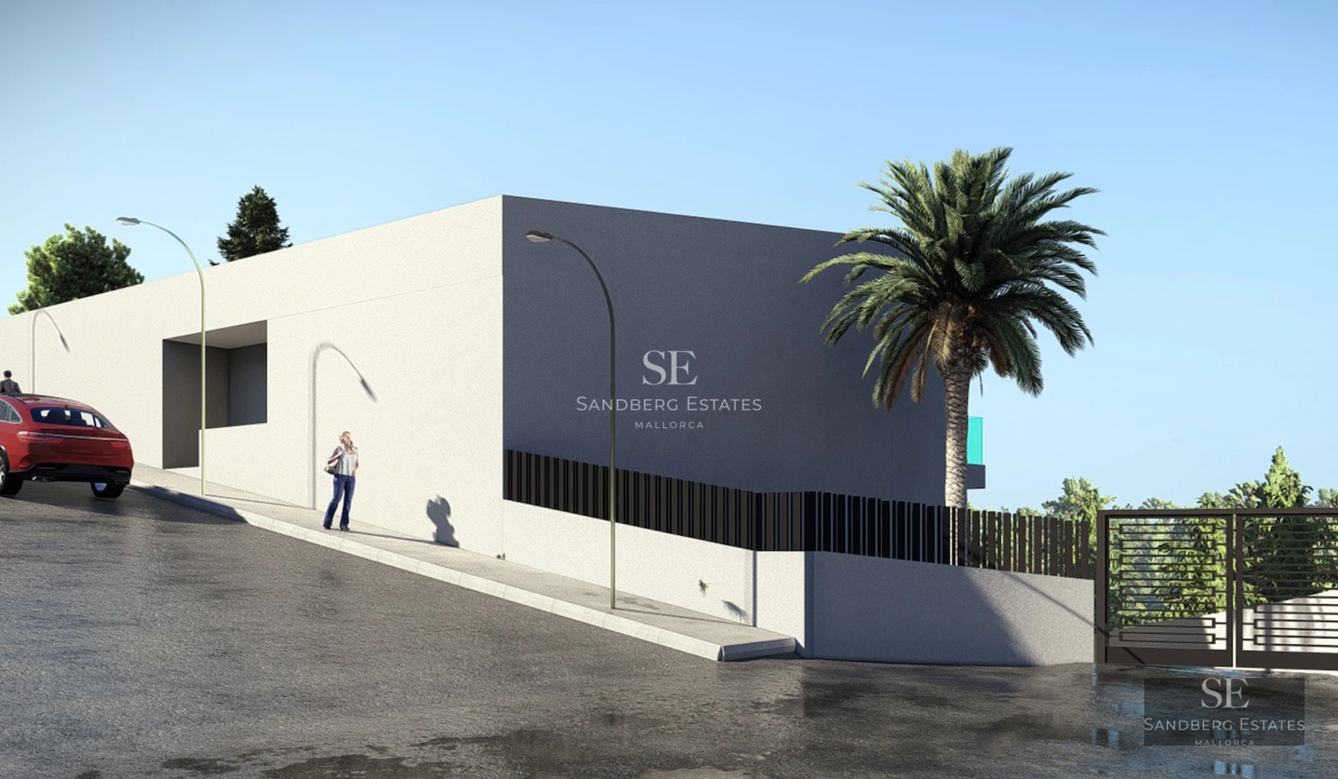 Pool view with loungers and umbrellas. Modern facade, manicured garden. Ideal for relaxation. Luxury property.