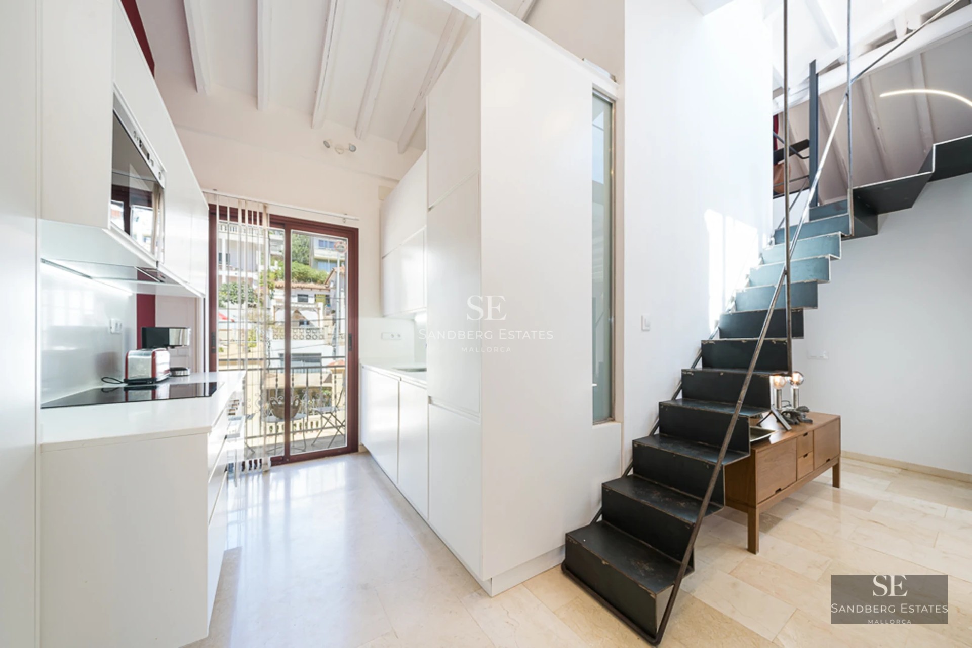 Exterior view of a modern villa with a swimming pool. Sleek design featuring large windows, a garden, and minimalist outdoor furniture.