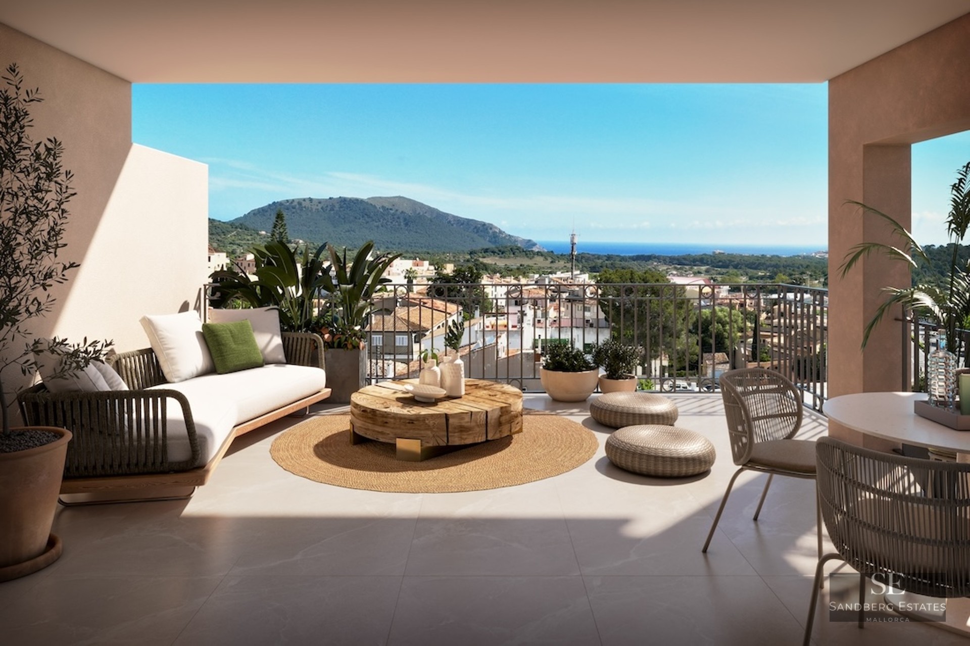 Covered terrace with designer lounge furniture, wooden coffee table, and expansive views of the sea and mountains.