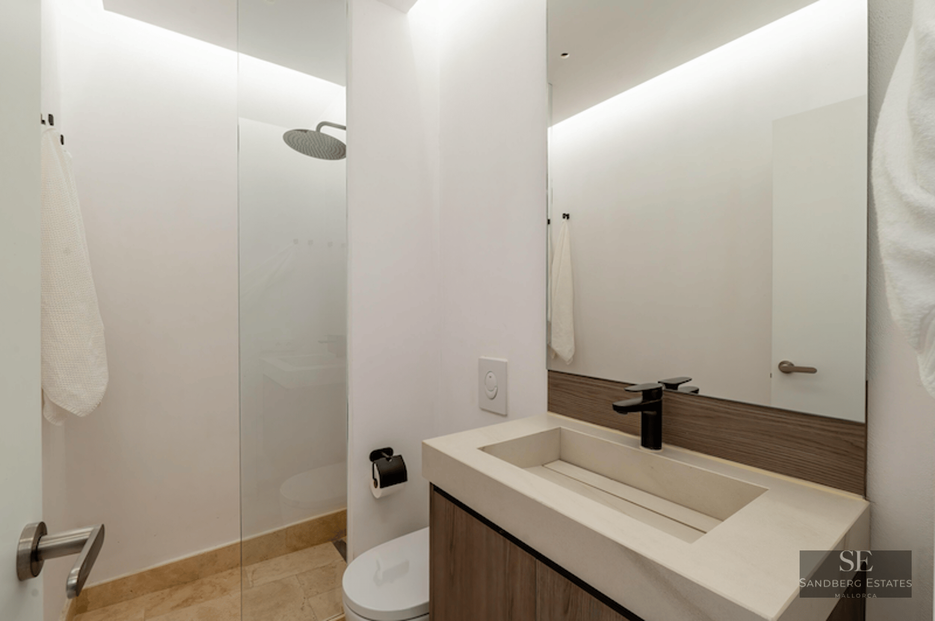 Modern bathroom featuring a stone sink, black fixtures, and a walk-in glass shower with rain showerhead.