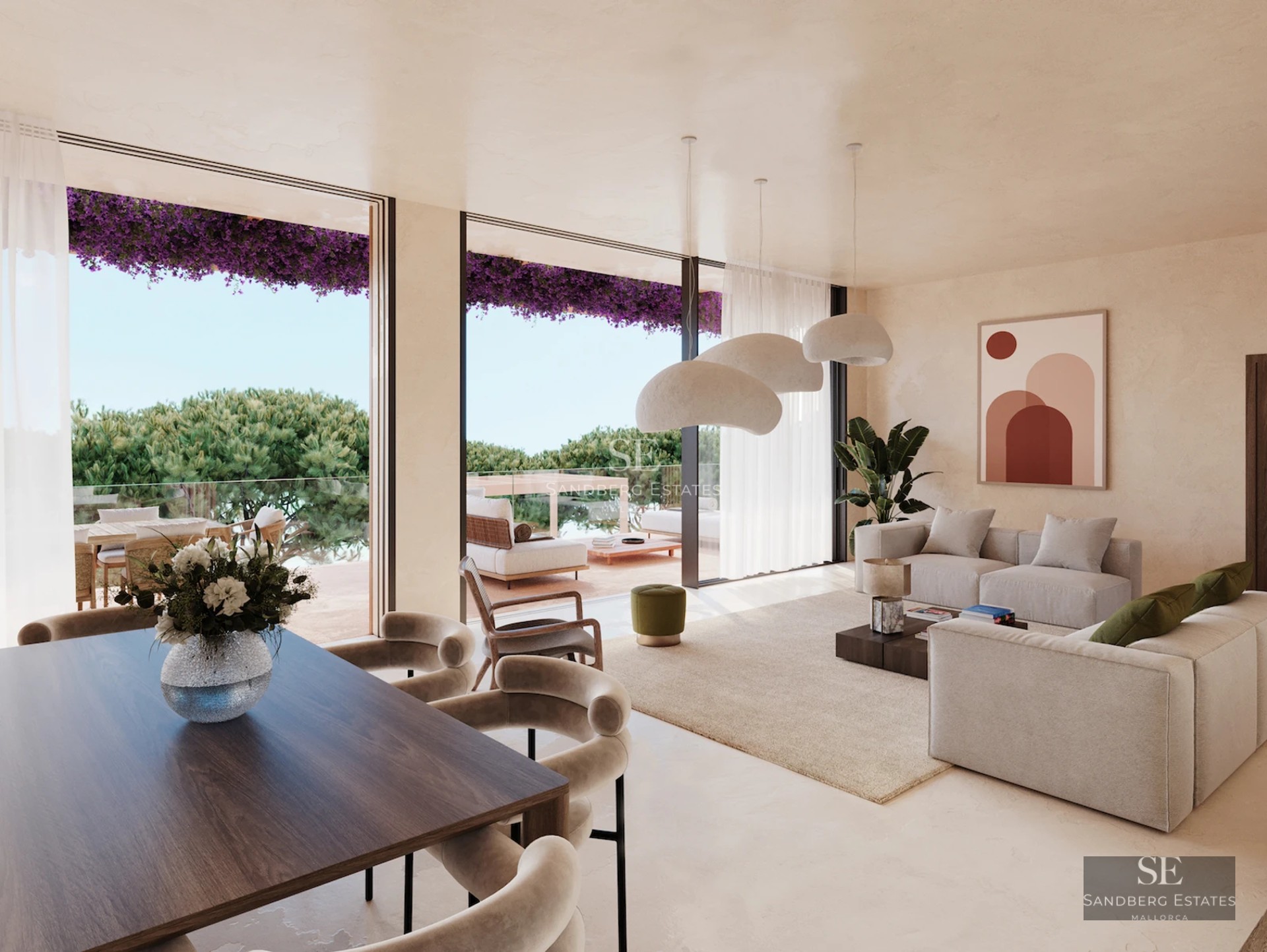 Spacious terrace featuring a pool, lounge chairs, and panoramic views. Modern design, natural lighting, and relaxing atmosphere.