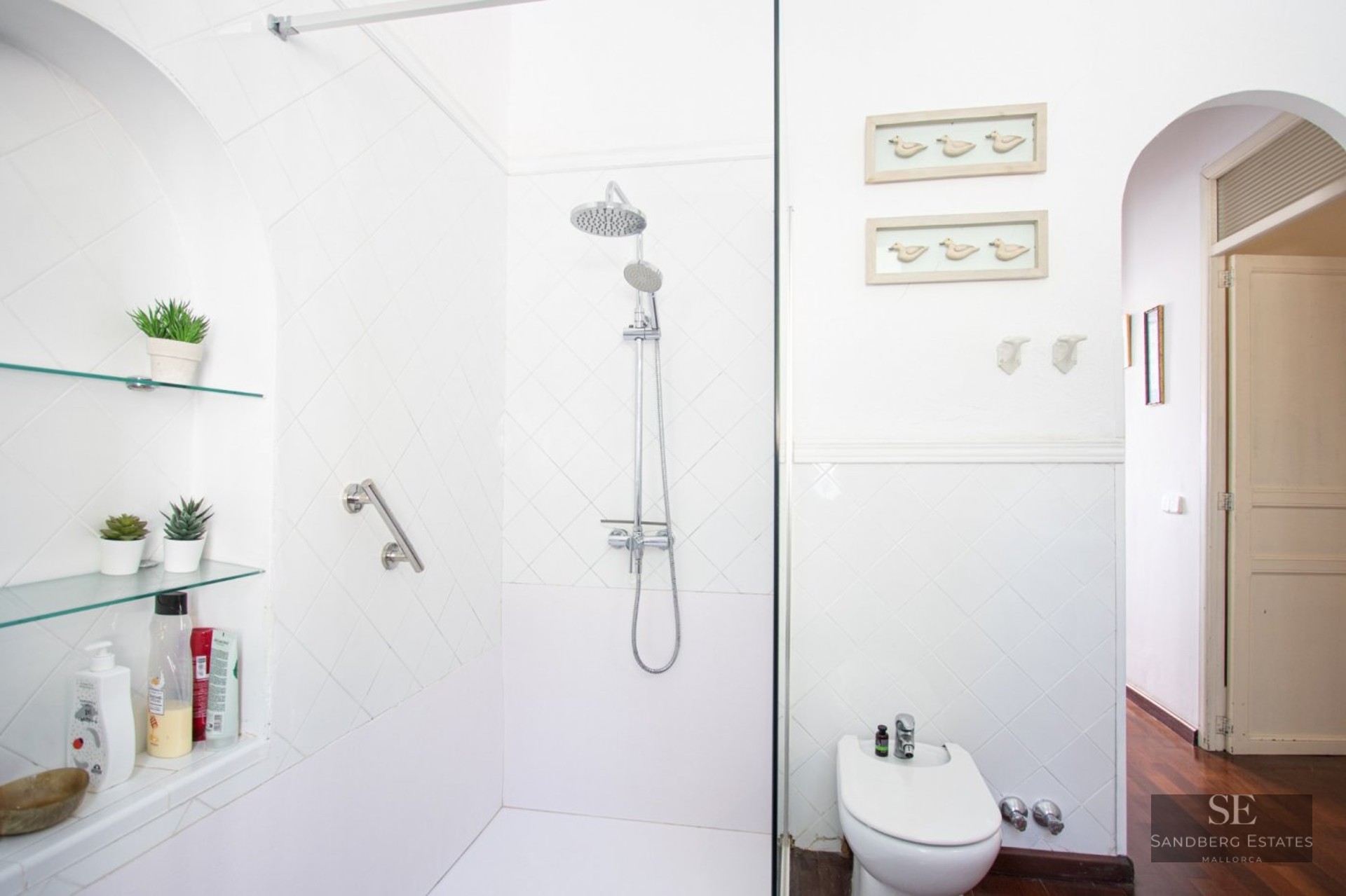 Bright white bathroom featuring a walk-in shower with glass partition, a bidet, and arched built-in shelving with plants.