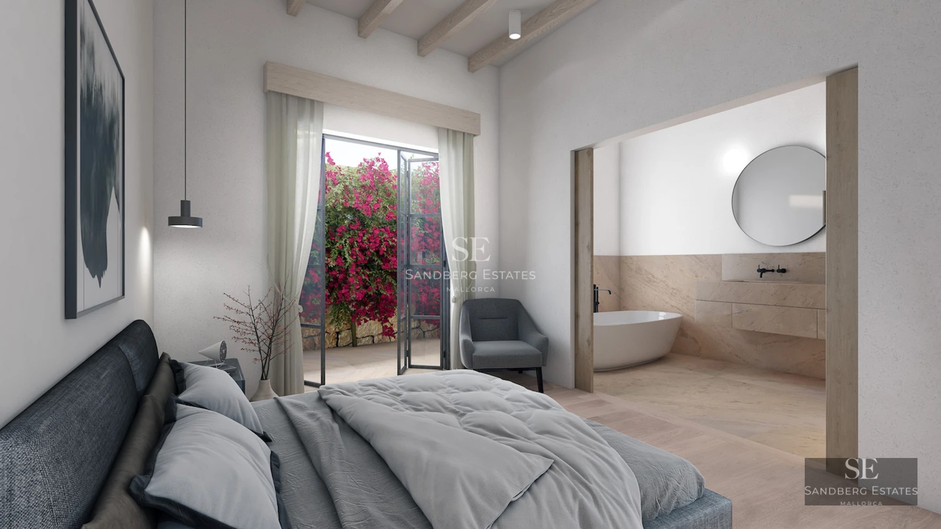 Exterior view of a modern villa featuring a swimming pool, lush garden, and spacious terraces. Minimalist architectural design with clean lines.