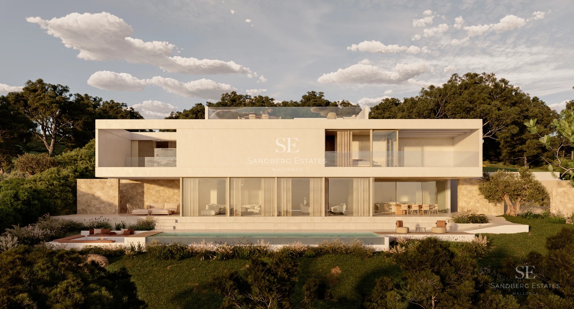 View from balcony with pool. Modern furniture, wood flooring, glass railing, palm trees, blue sky. Natural lighting.