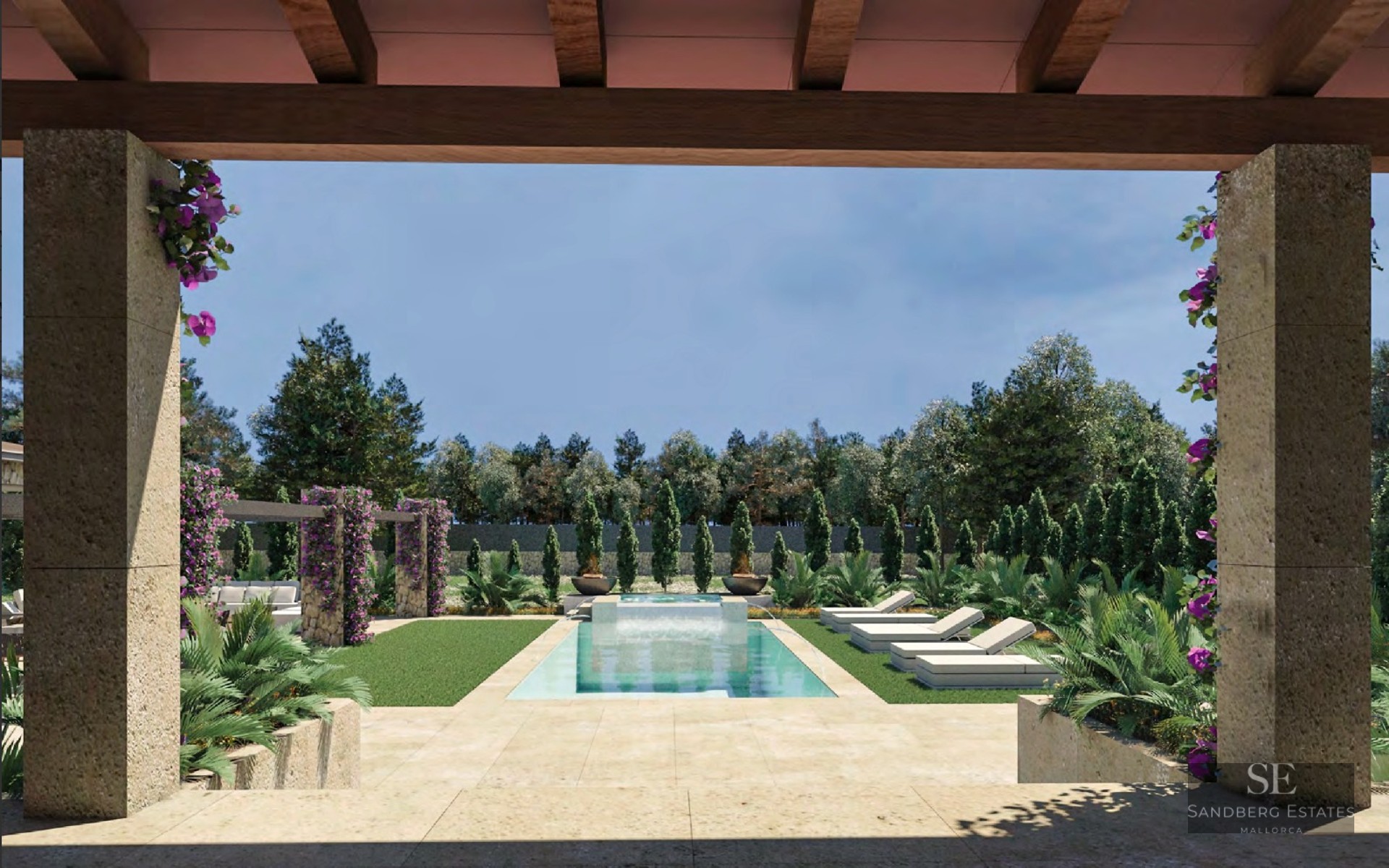 View of a turquoise swimming pool from a stone porch, surrounded by green lawn and purple flowers.