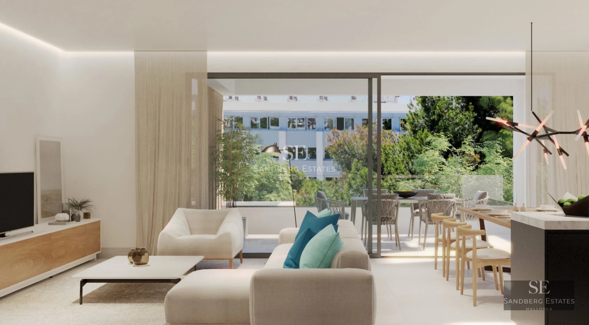 Spacious living room with panoramic windows, light wood floors, modern furniture and stunning sea view. Bright and elegant.