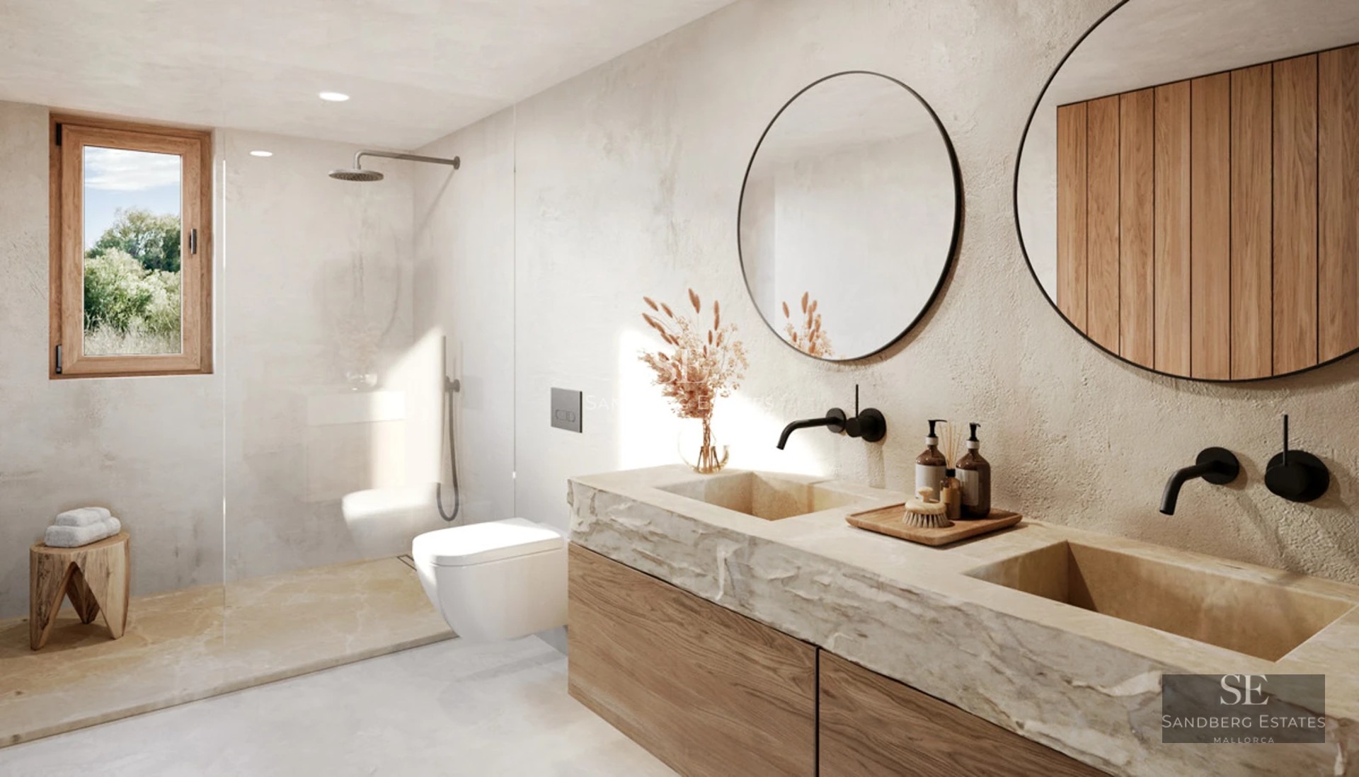 Exterior view of a modern villa with reflecting pool. Minimalist architecture, large windows, gardens, and impeccable landscaping.