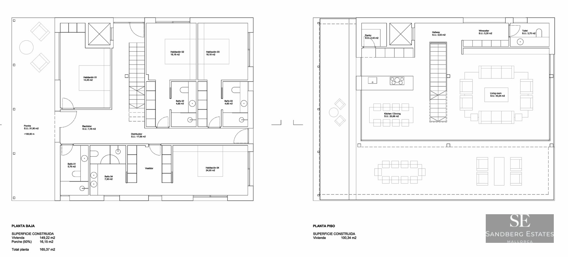 Architectural floor plans for two levels showing bedrooms, bathrooms, living area, and kitchen.