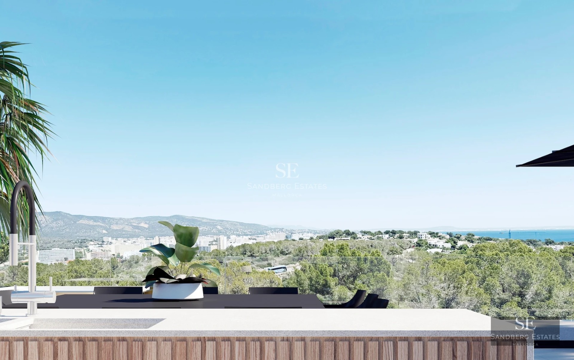 Spacious terrace with swimming pool surrounded by lush greenery. Modern architecture with large windows and manicured landscaping.