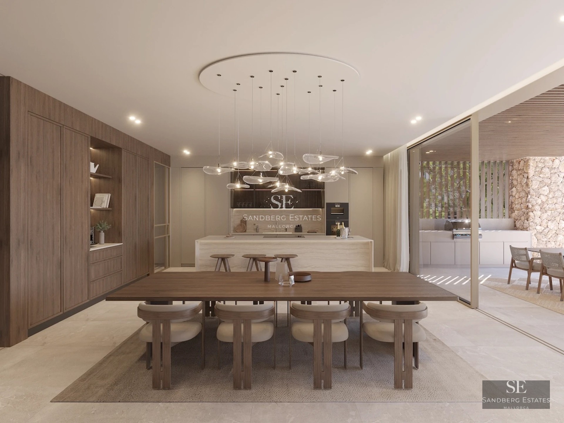 View of infinity pool with vanishing edge and modern home featuring large windows and decked patio with designer furniture. Lush garden.