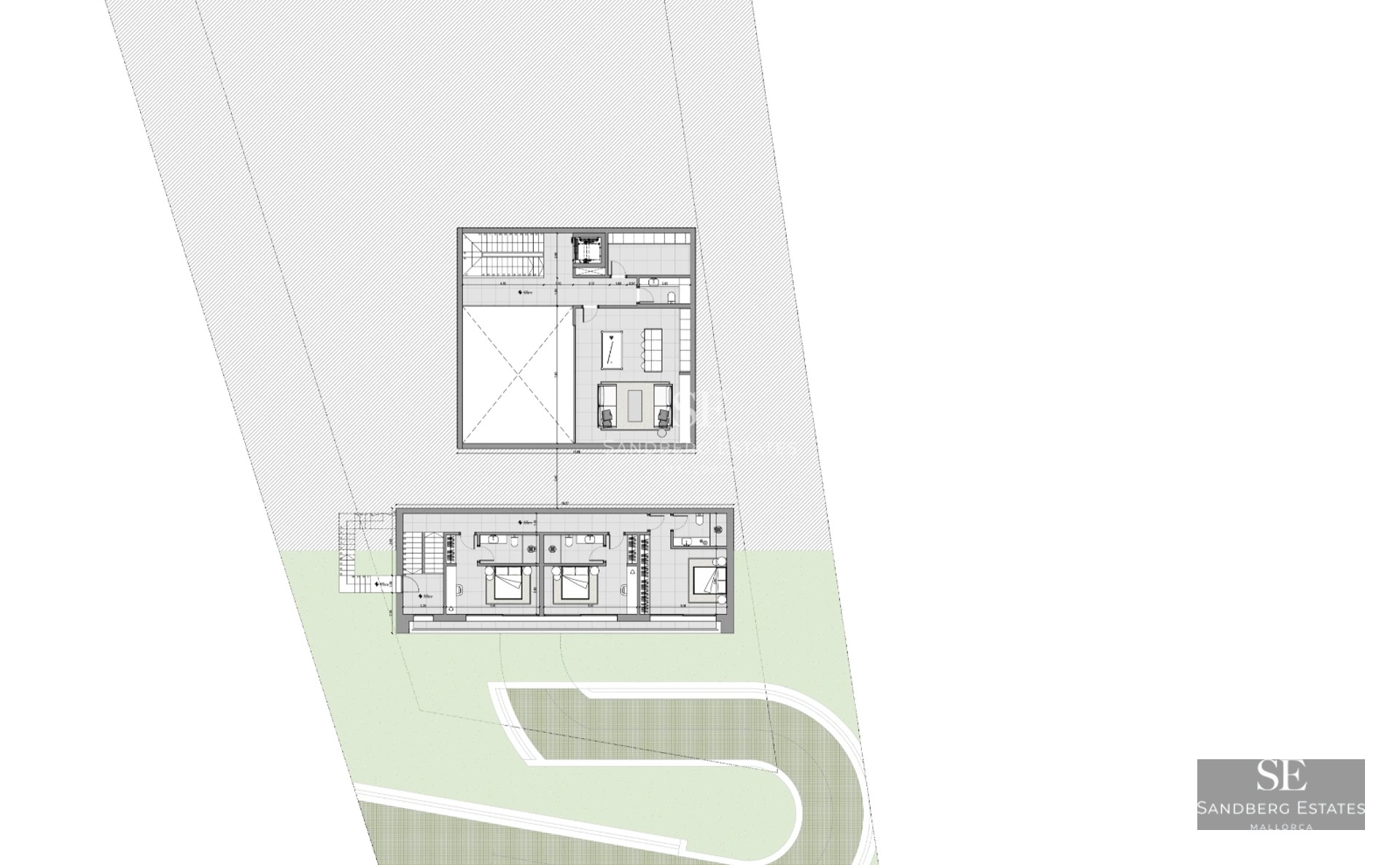 Exterior view of a modern villa with a swimming pool, manicured garden, and large windows. Minimalist architecture and high-quality finishes.